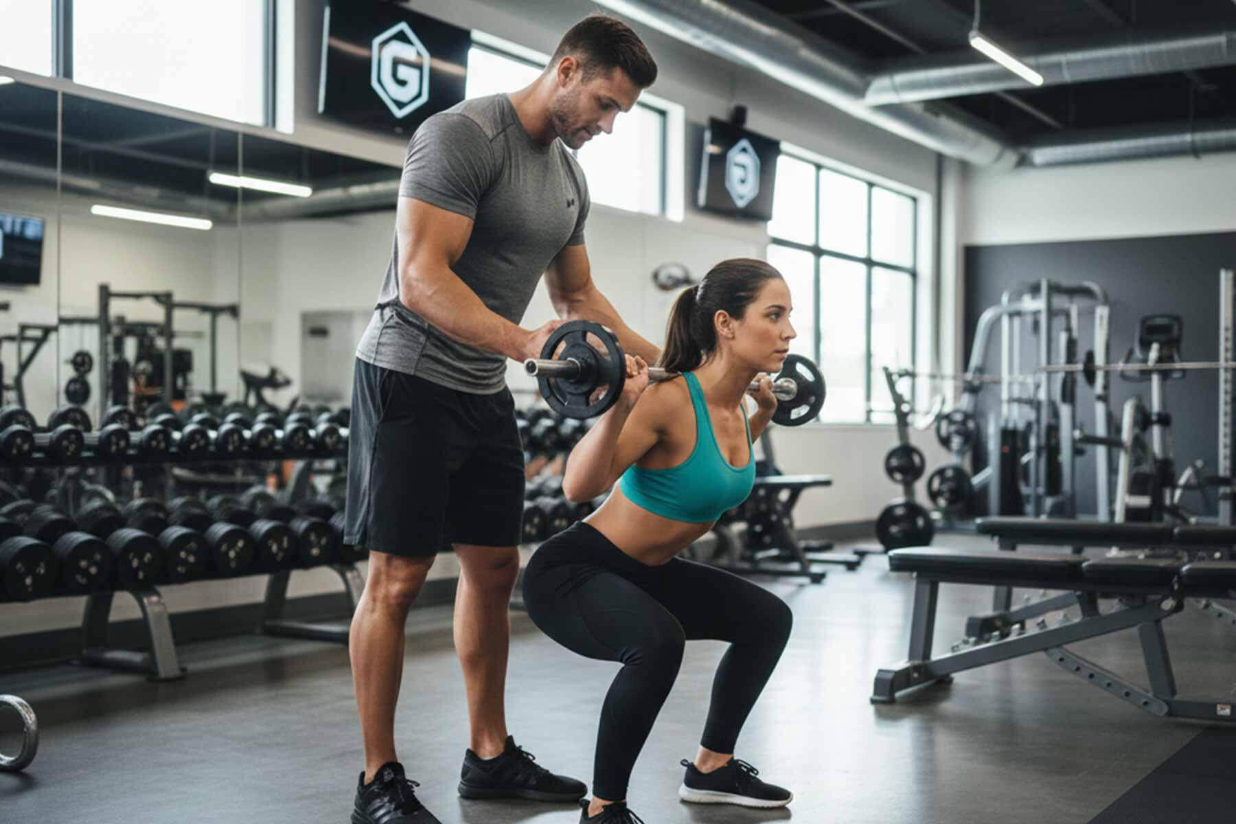 Personal trainer spotting a client during a barbell squat in a gym