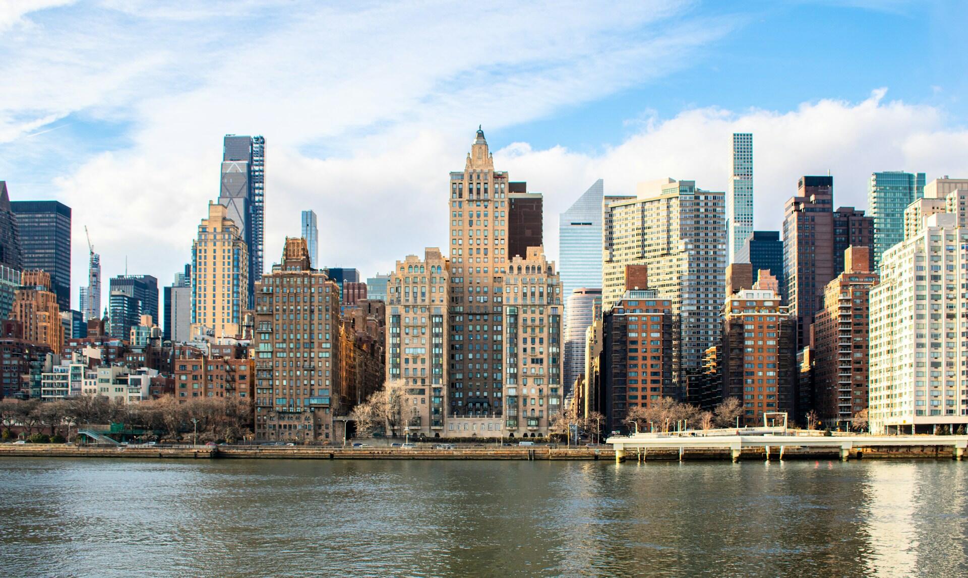 Large buildings on the East River bank in Manhattan, New York City