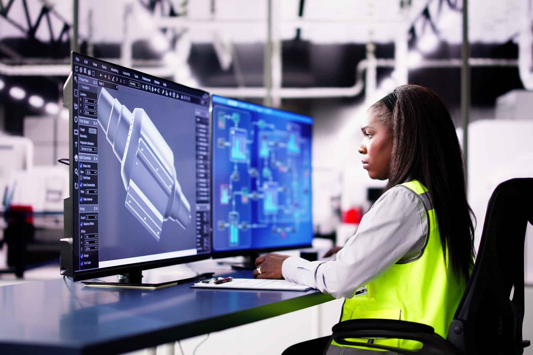 A mechanical engineer working on a 3D CAD model on a computer