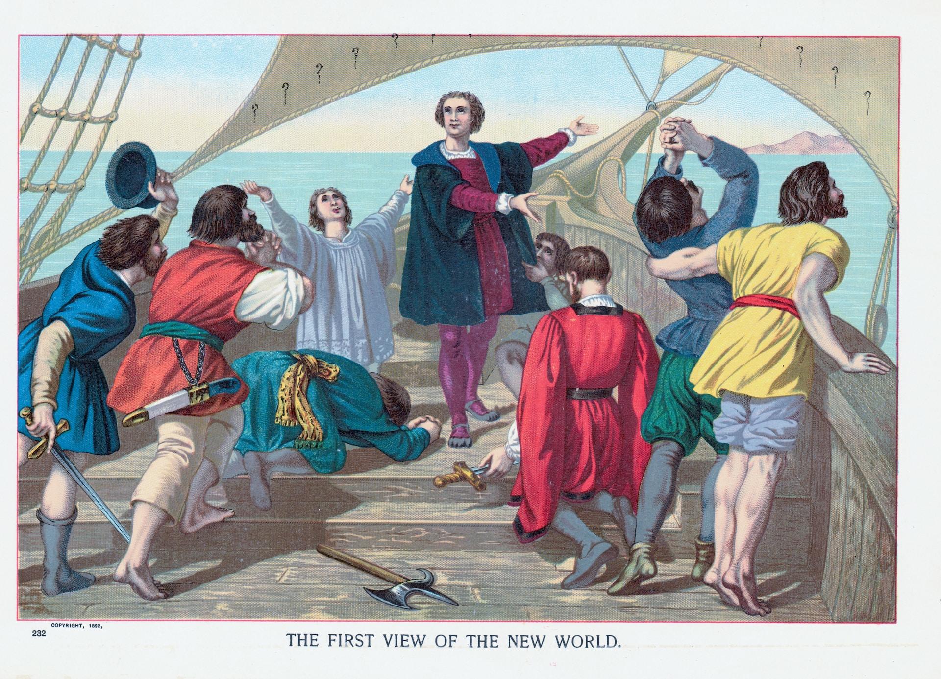Ilustración de Cristóbal Colón divisando tierra.
