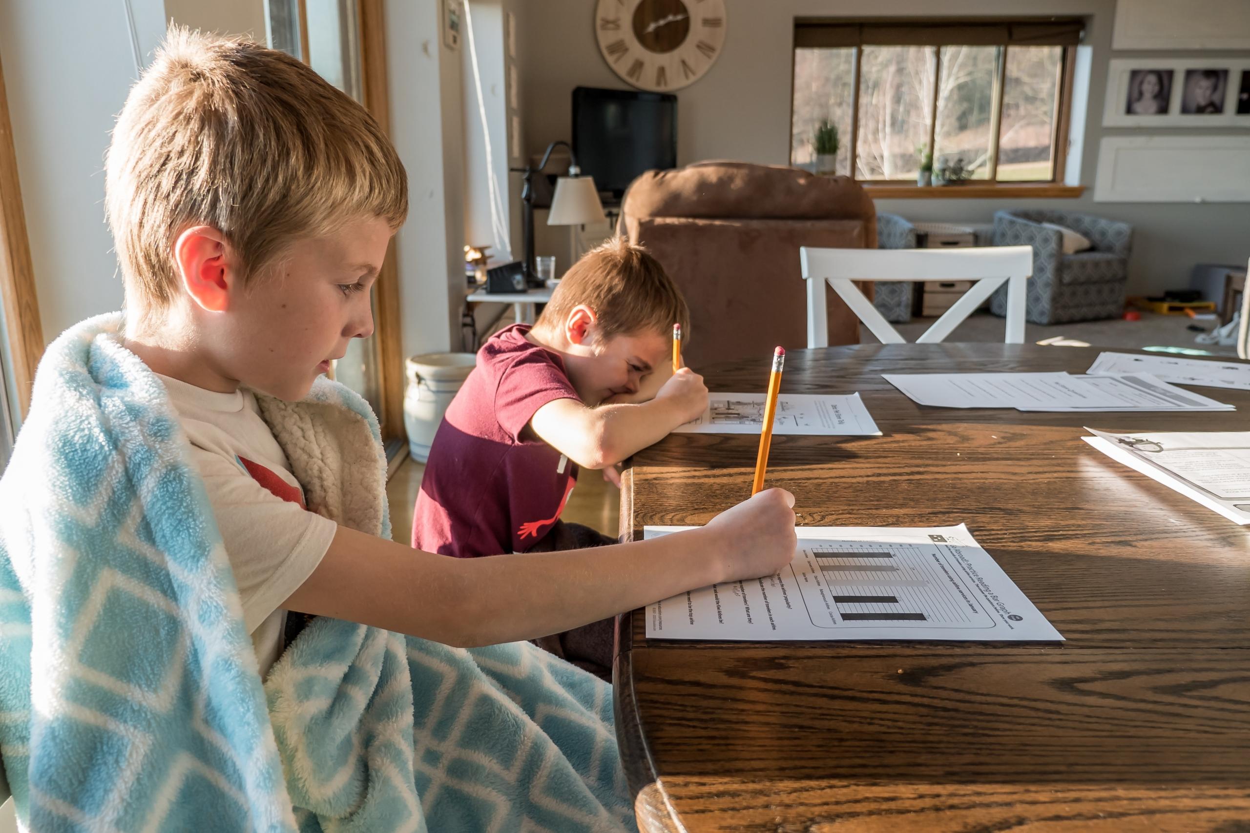 niños estudiando en casa