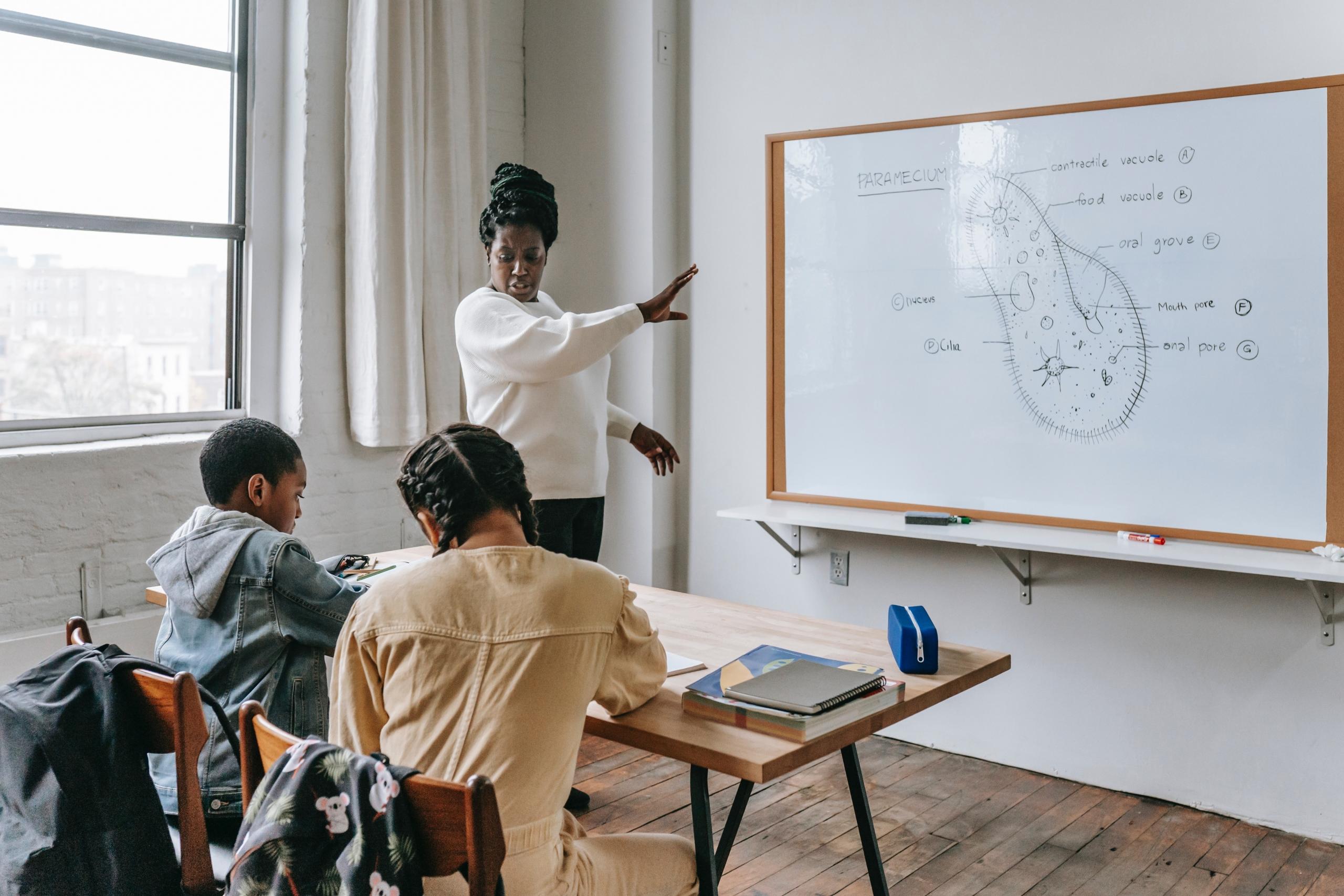 profesora dando clases a dos alumnos