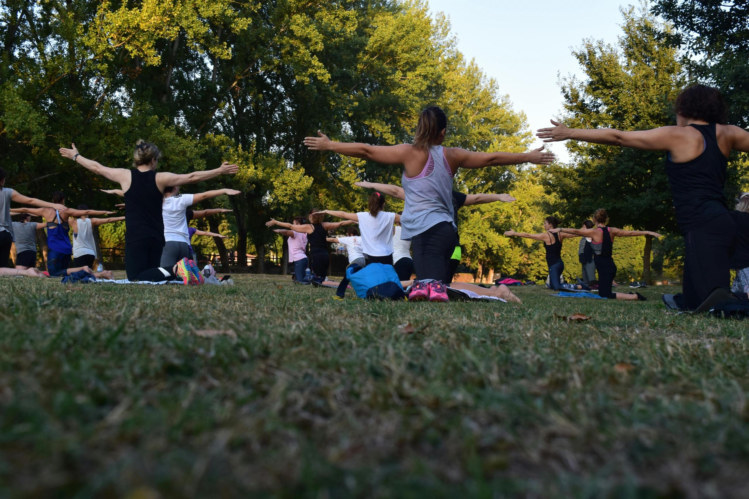grupo haciendo yoga en parque