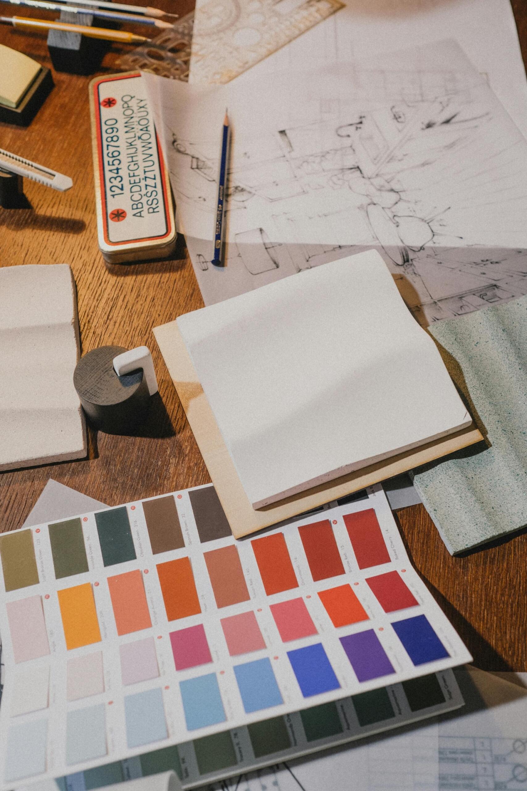 Un espacio de trabajo creativo con una paleta de colores, bocetos y herramientas de diseño, que representa el proceso de planificación y selección de tonos en un proyecto, en una fotografía de Ron Lach.