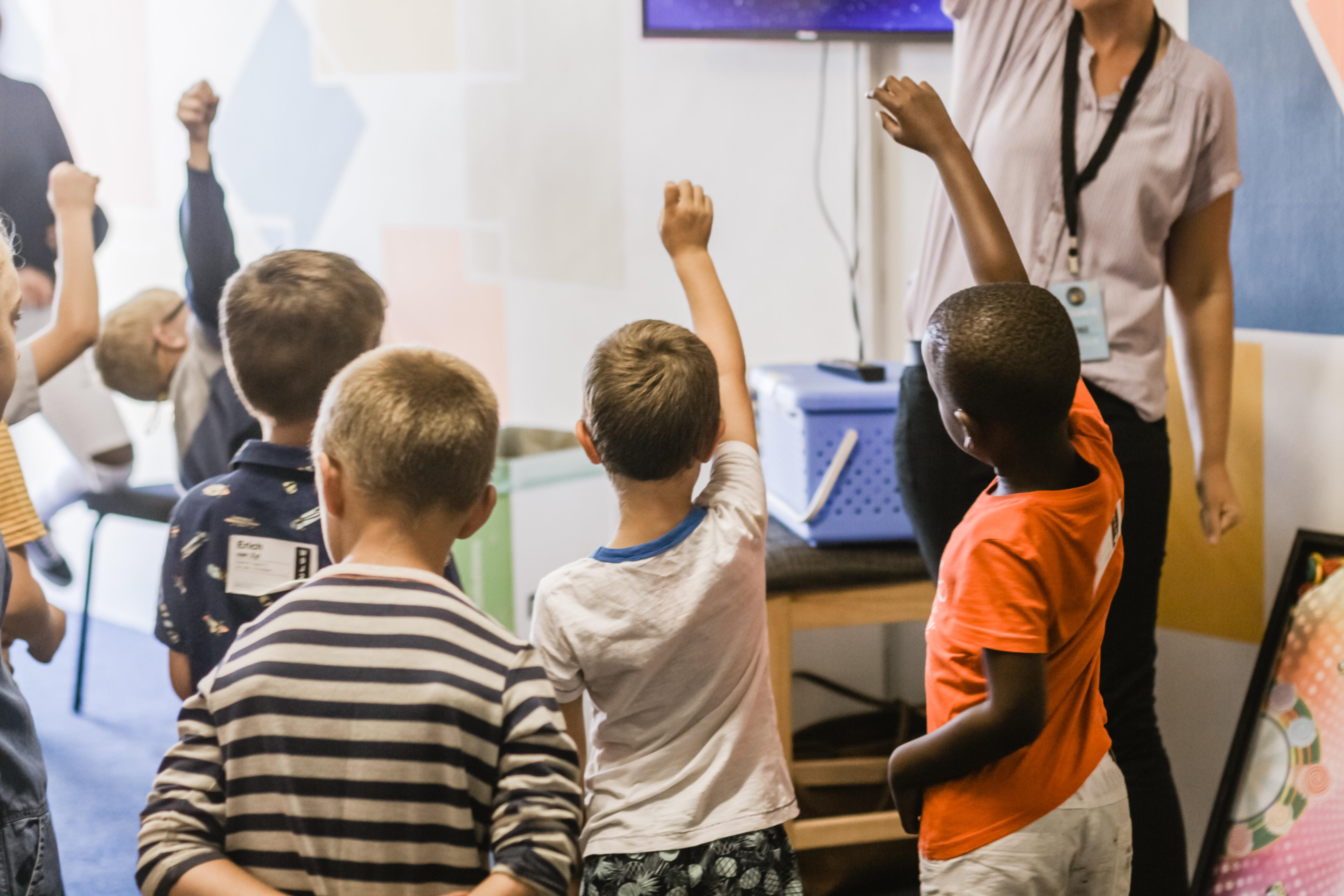 children raising hands in class