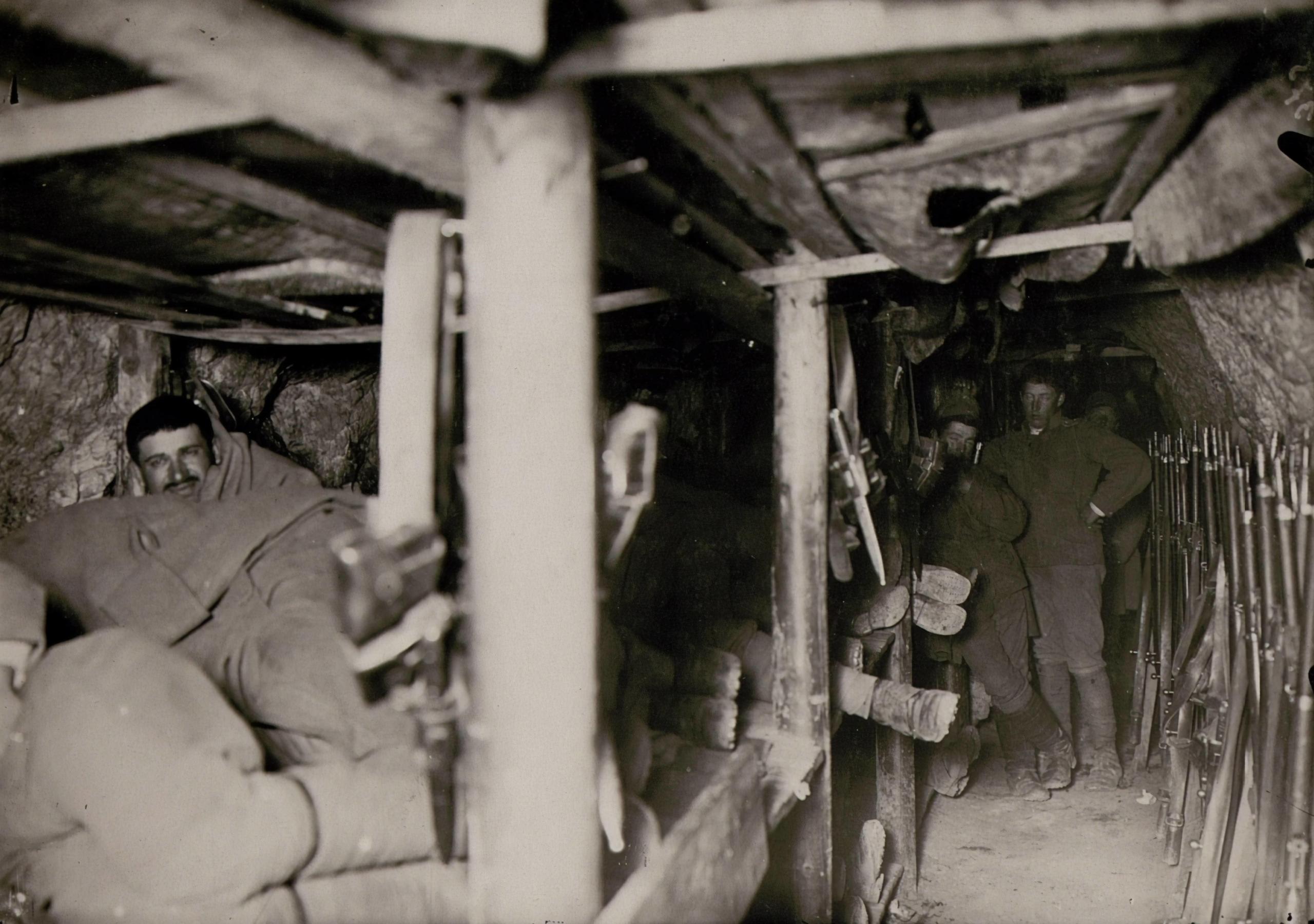Soldiers in trenches during war 