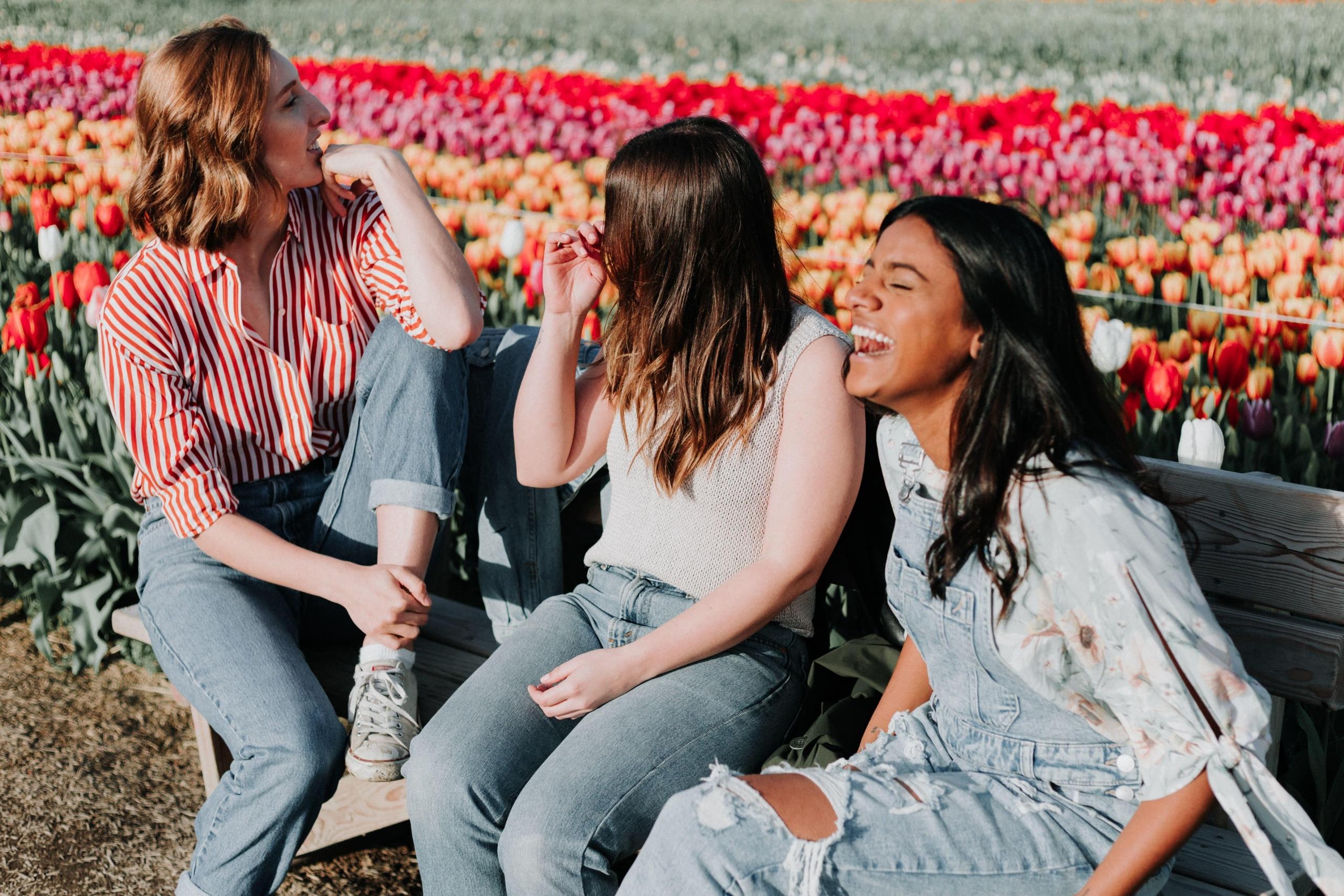 three women sitting wooden bench laughing in a tulip flower field