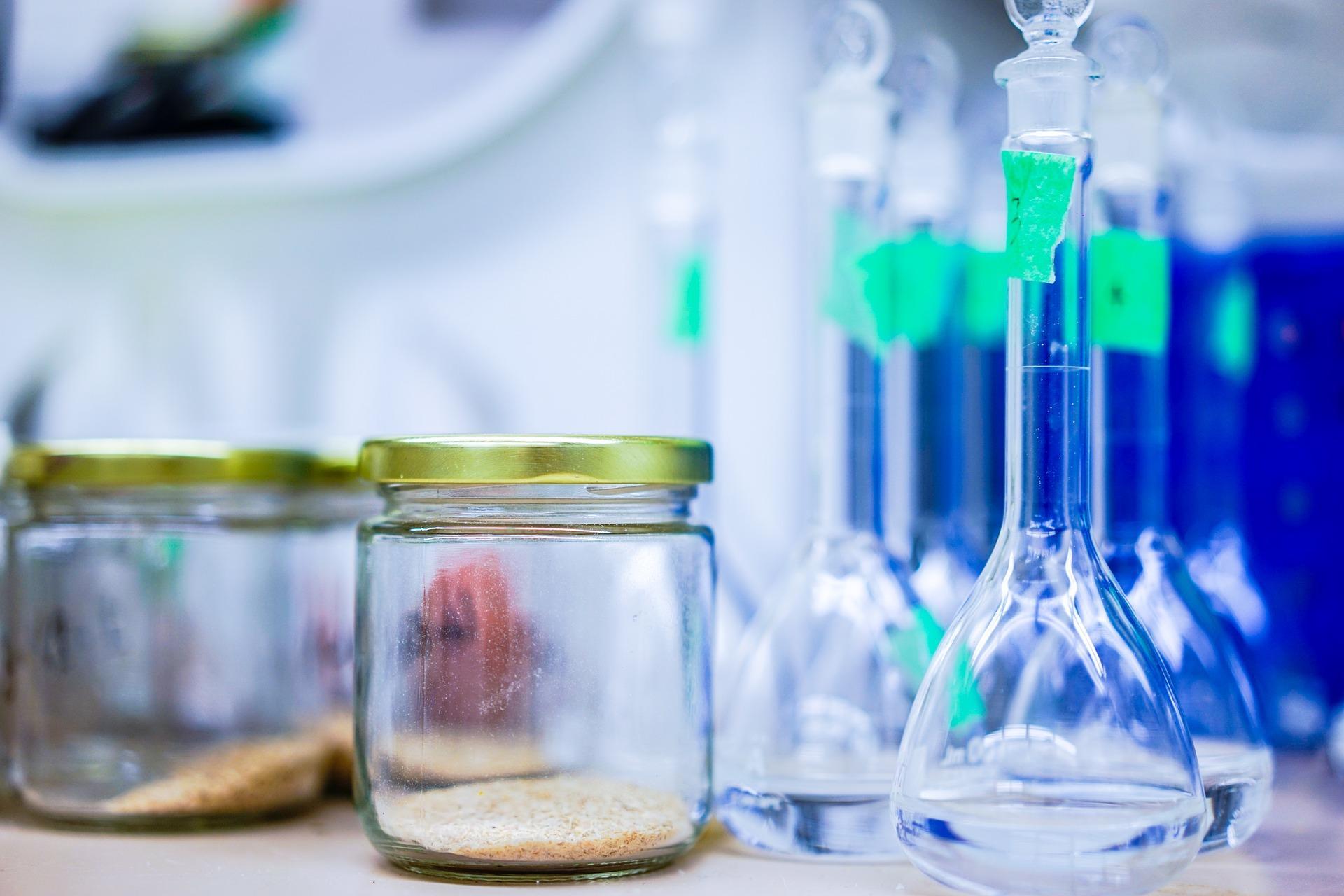 beakers and jars in a lab