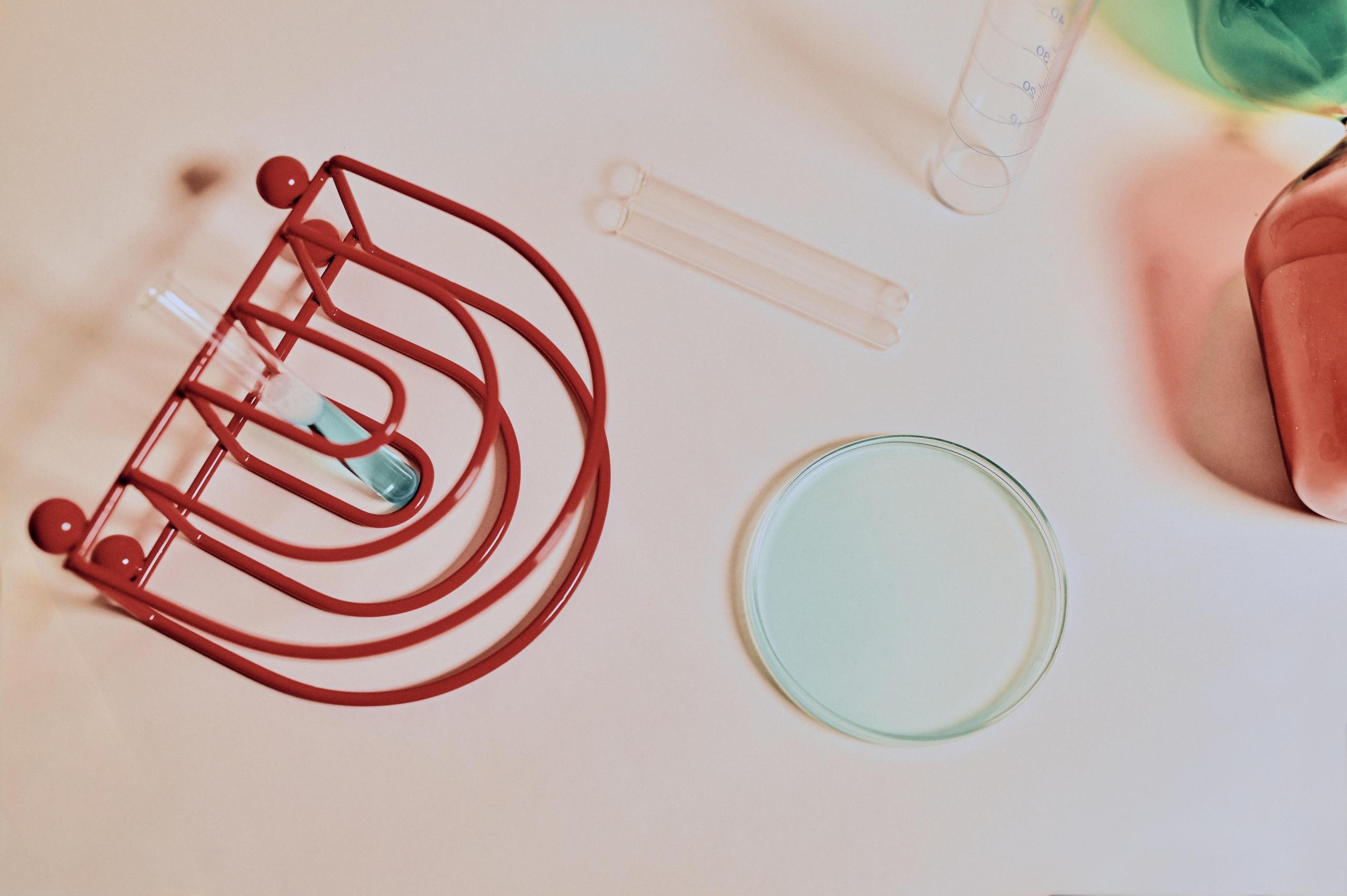 petri dish, test tube and test tube rack on table