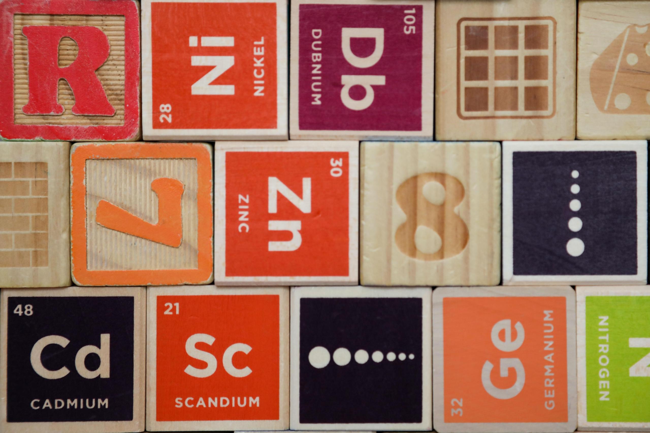 periodic table made of wood blocks