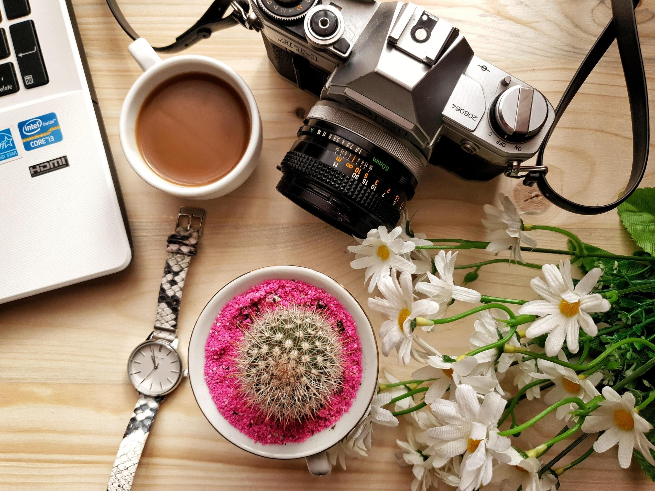 laptop, camera on table with coffee and cactus