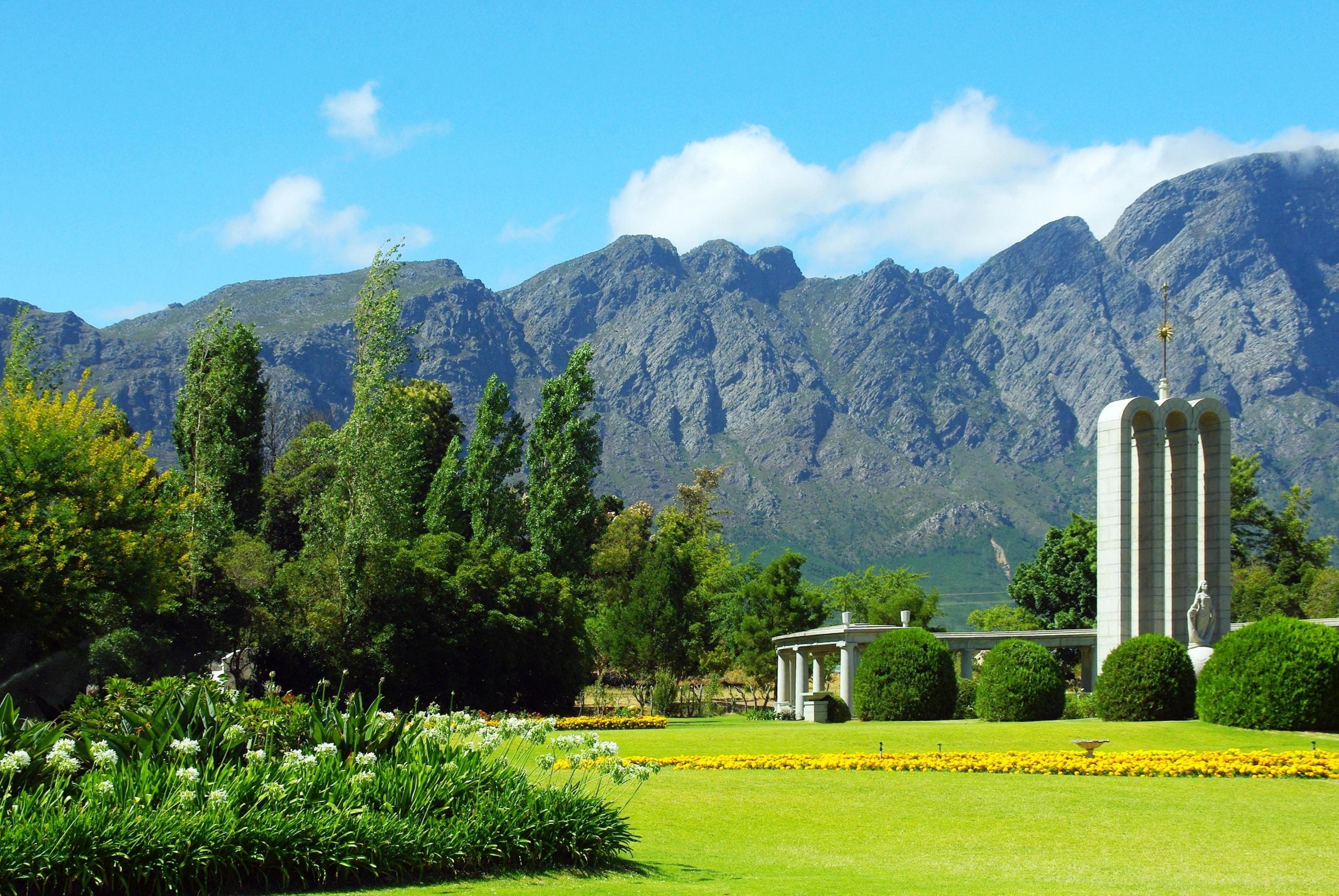 The Huguenot Memorial, flanled by mountains, Franschhoek, Western Cape, South Africa