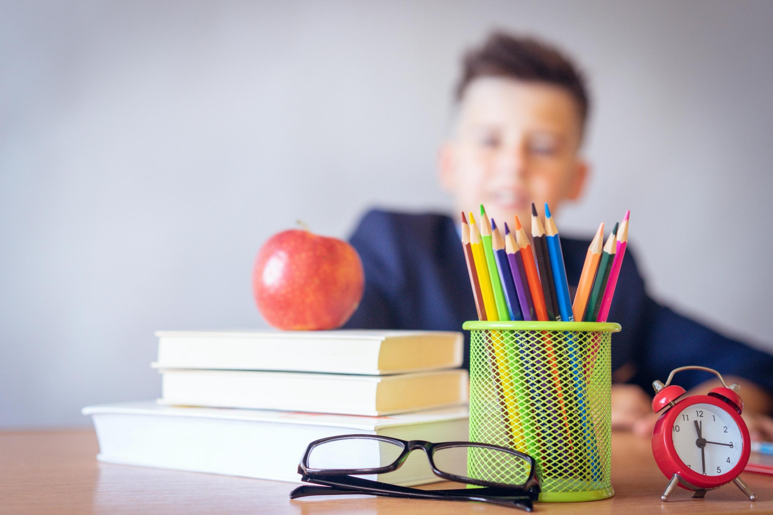 boy seated at desk behind pile of textbooks