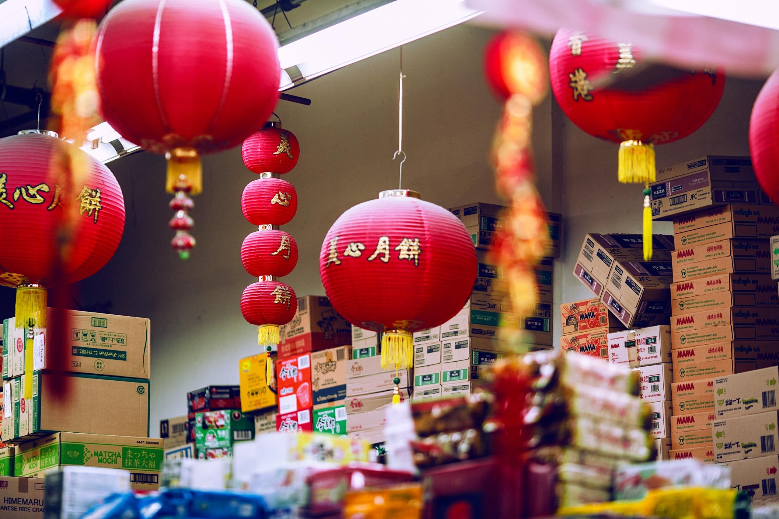 red lanterns hanging from ceiling