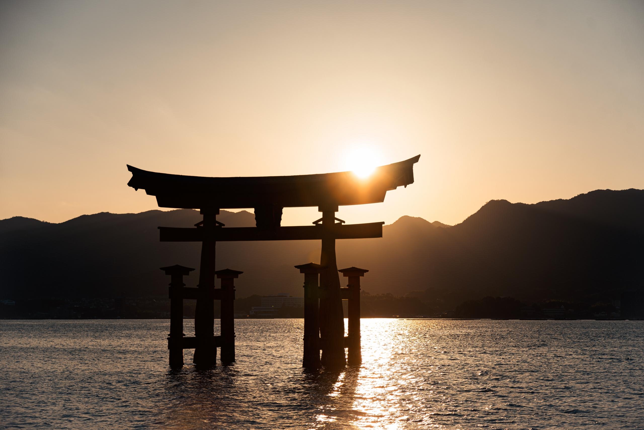 Japanese temple gate in lake