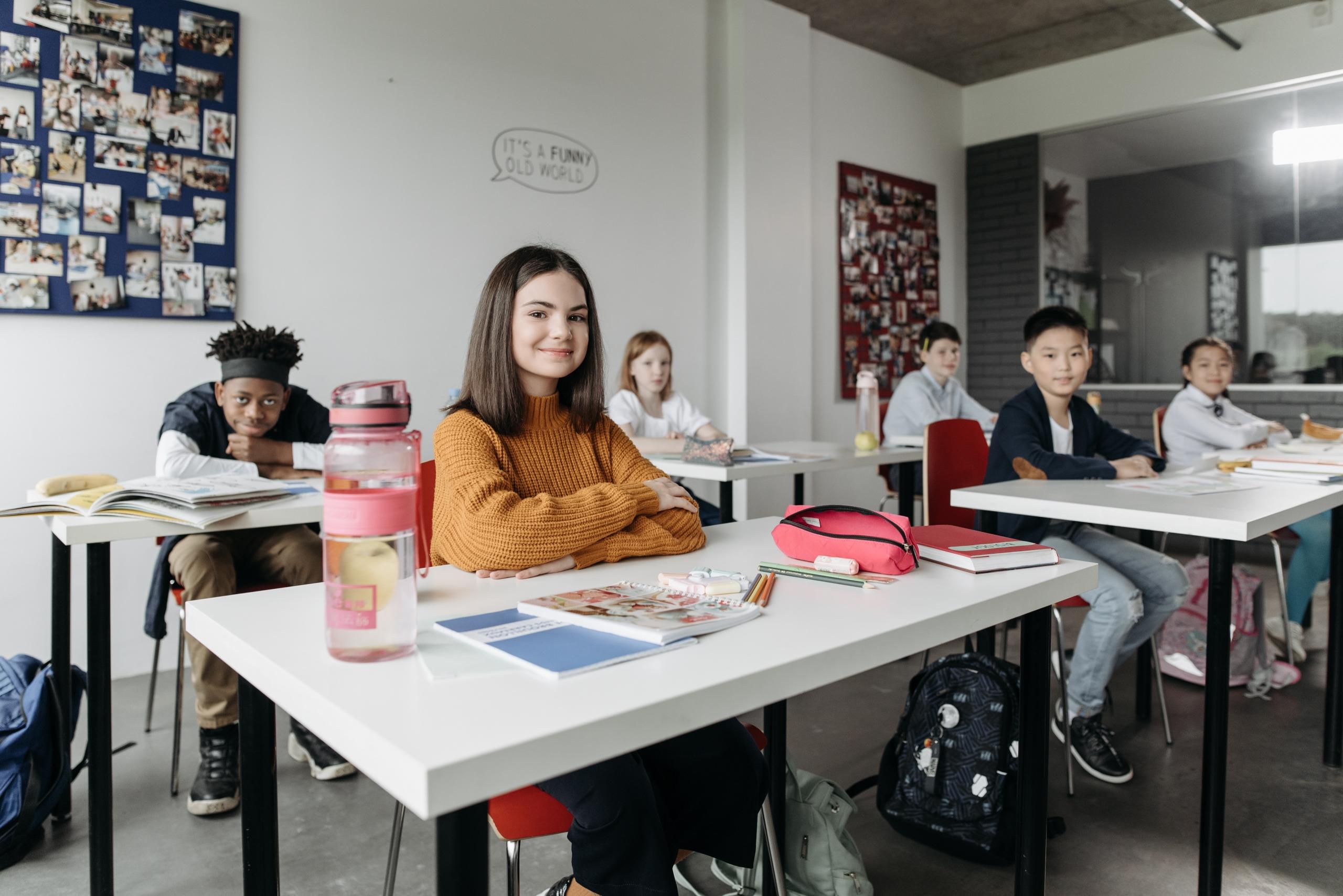 group of learners sitting behind desks at school