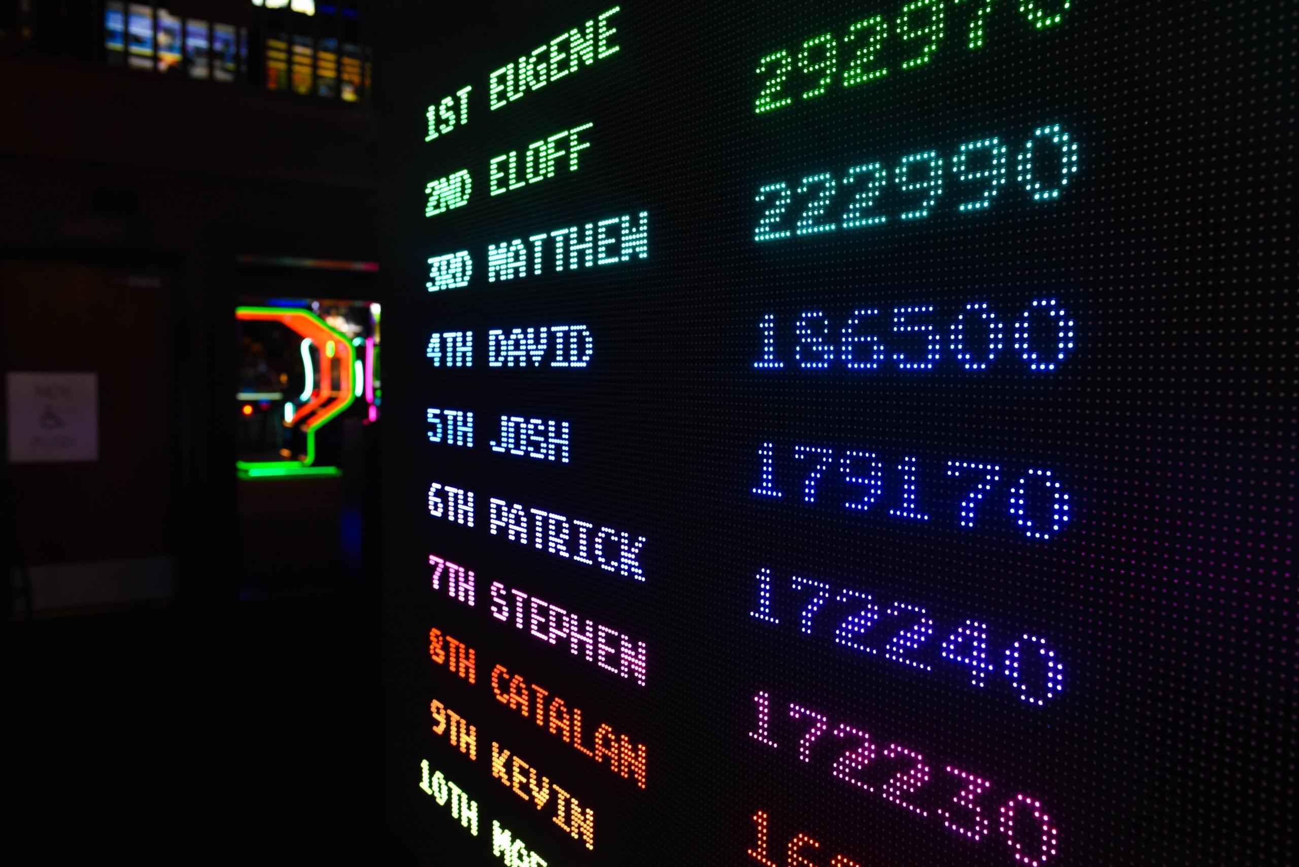 colourful high score displayed on arcade game machine