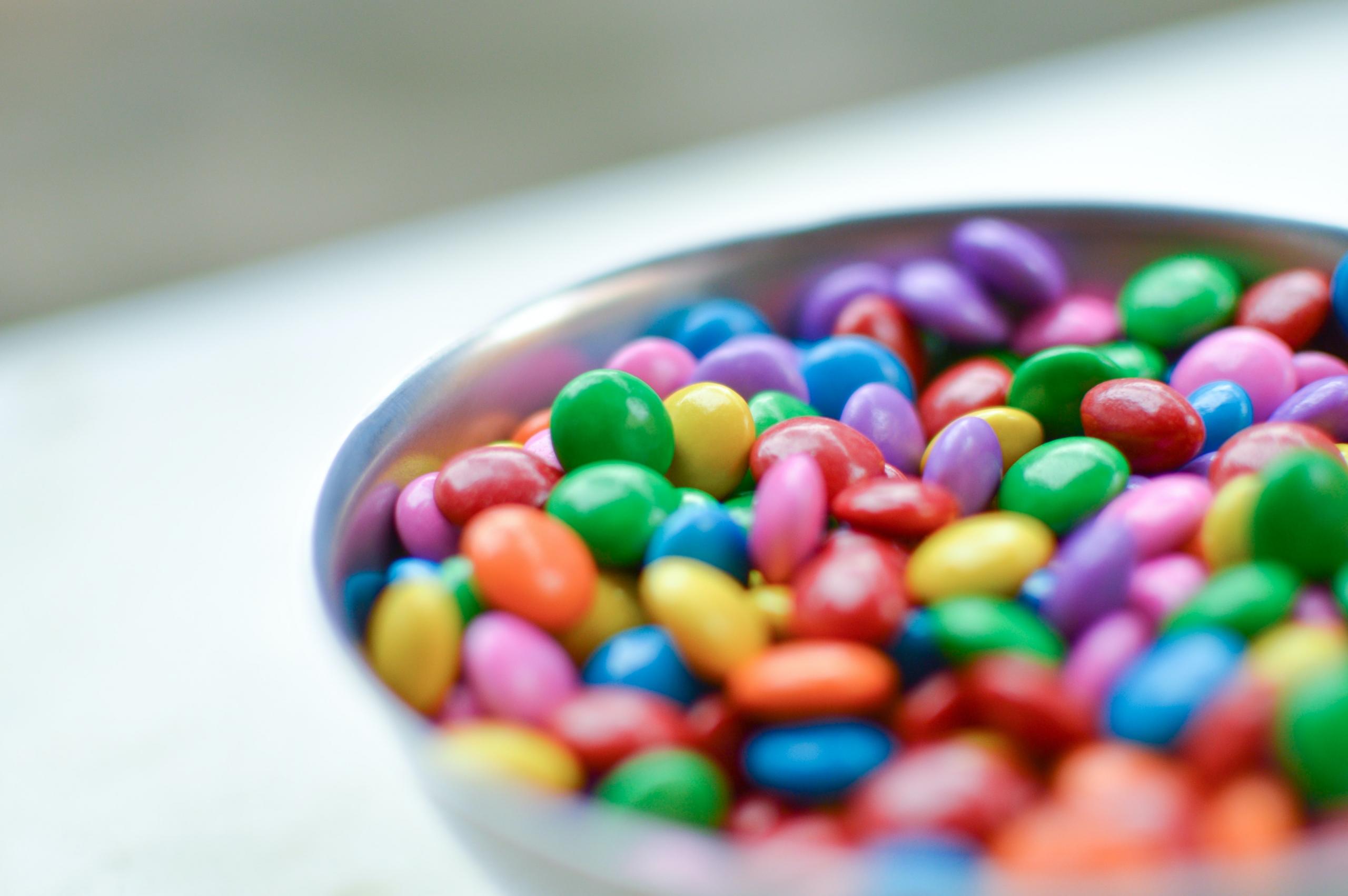bowl of colourful candy-coated chocolates