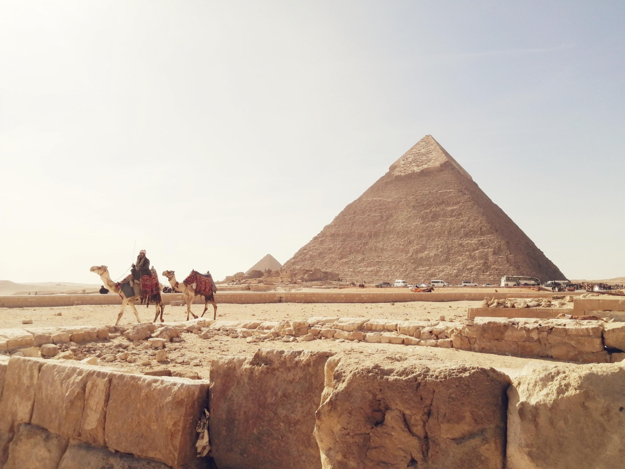 pyramids and camels in Egypt, Sahara desert