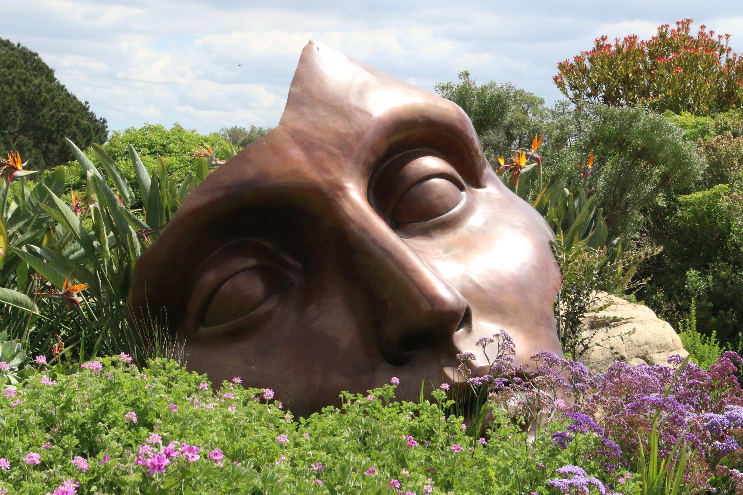 sculpture of half a human face displayed in an outdoor garden