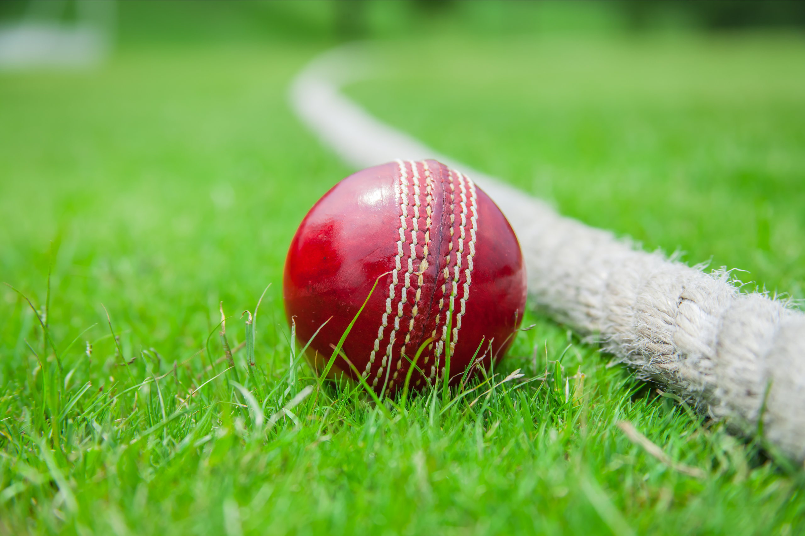 red cricket ball lying on the grass next to boundary rope