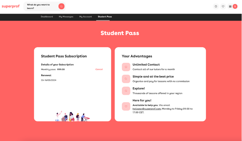 screenshot of student's personal dashboard on the Superprof website