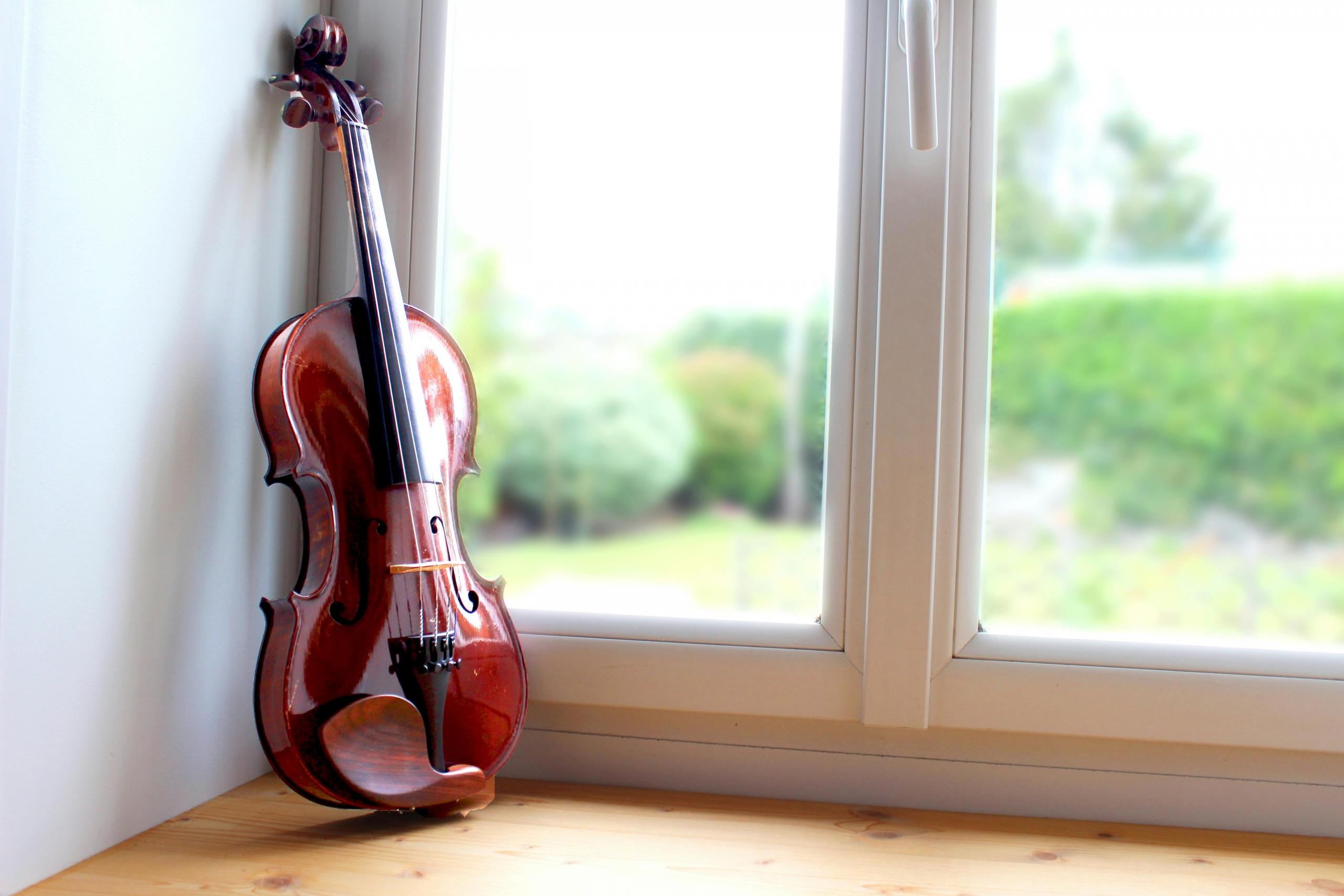polished violin places upright against wall in front of window