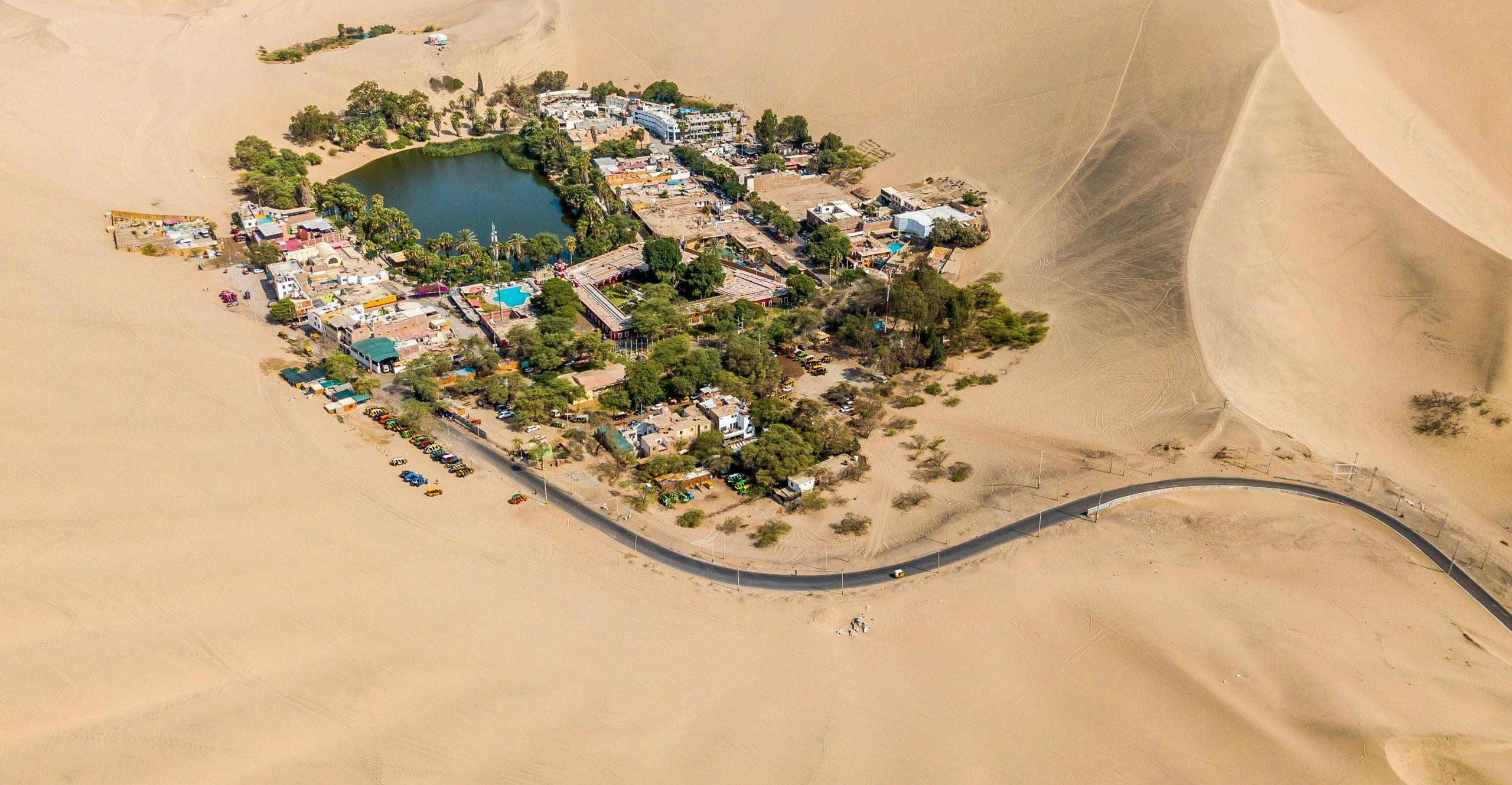 Aerial View of Huacachina Village Around the Desert Oasis