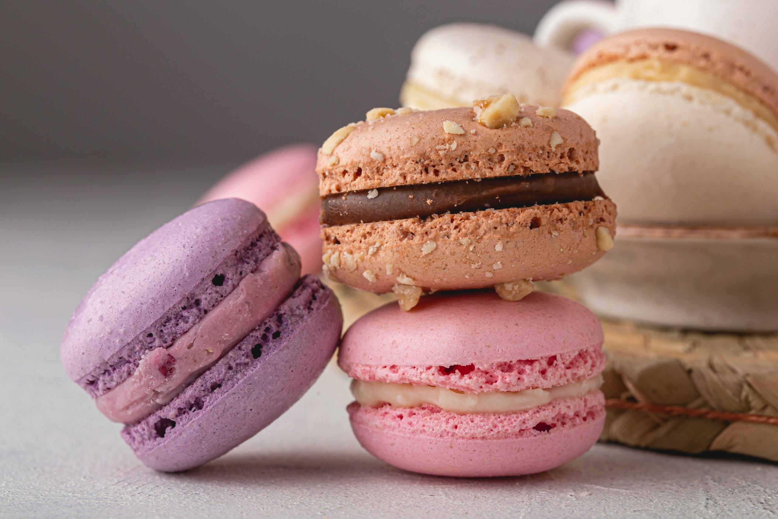 selection of French macarons in different pastel colours