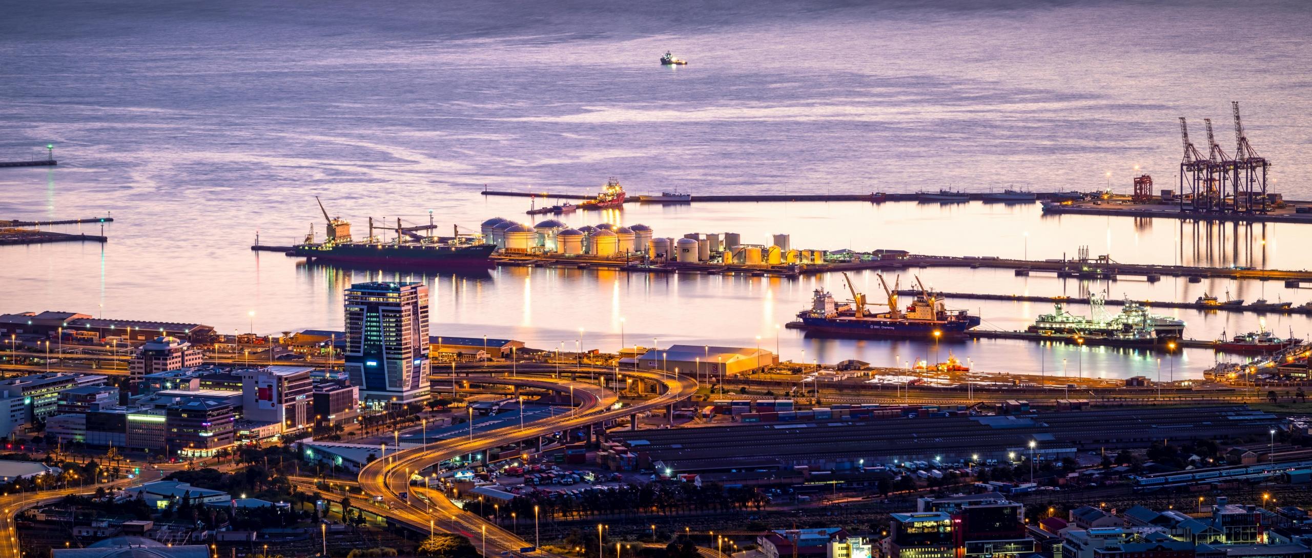 aerial view of cape town at dusk looking towards the harbour
