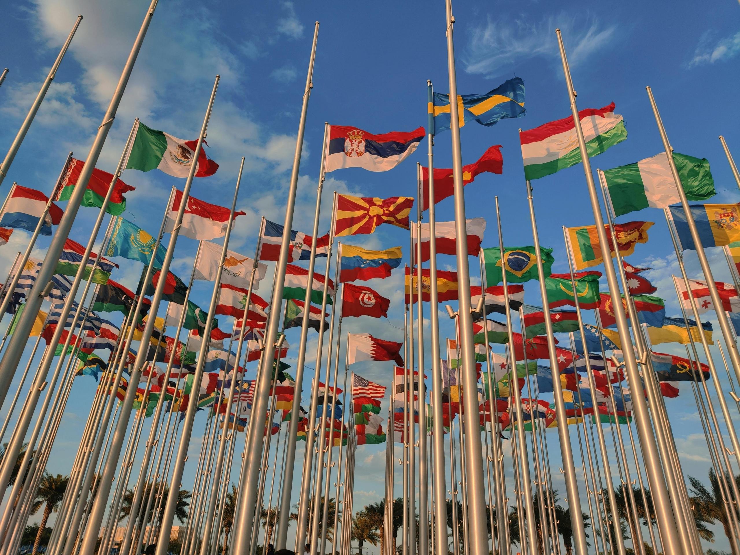 hundreds of flag poles outside with different country flags
