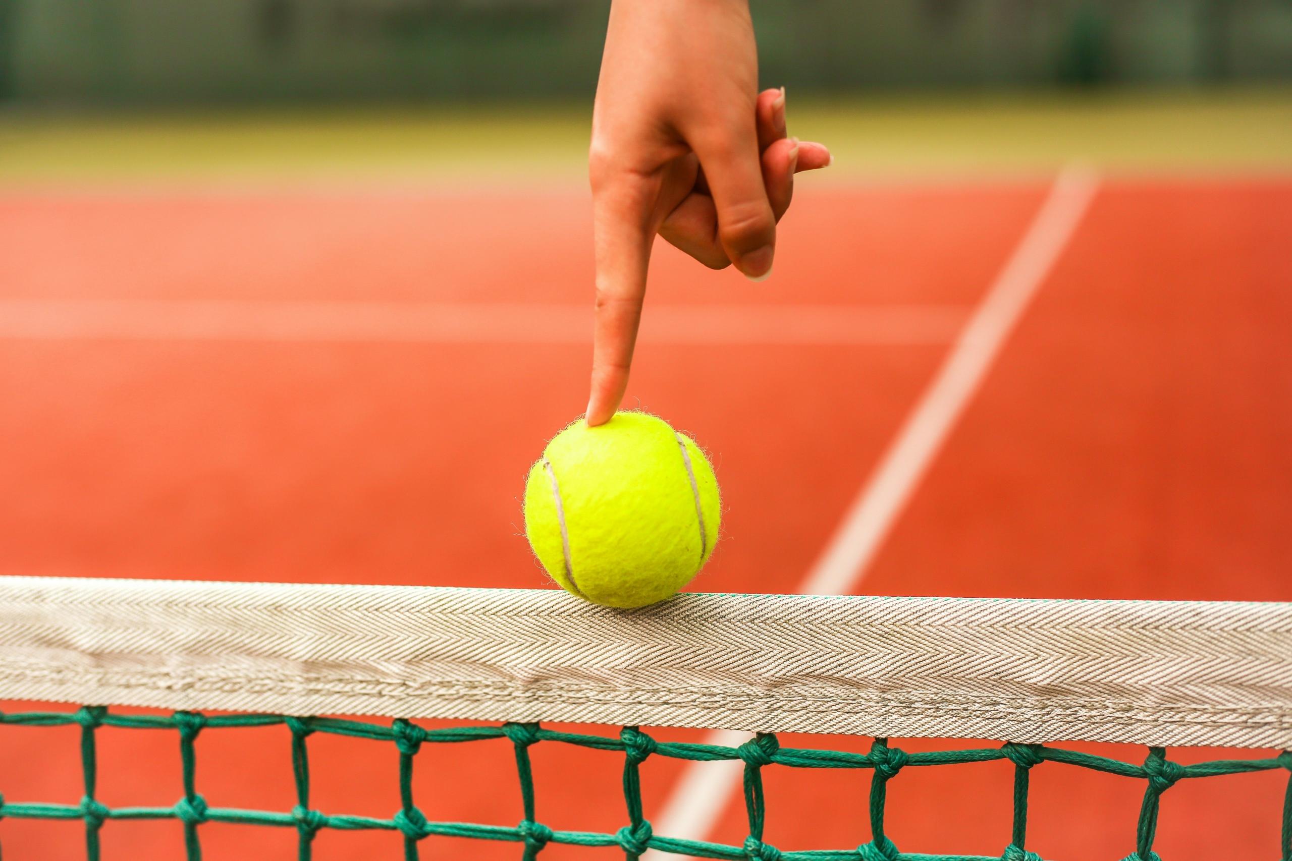 person balancing tennis ball on top of tennis net with index finger