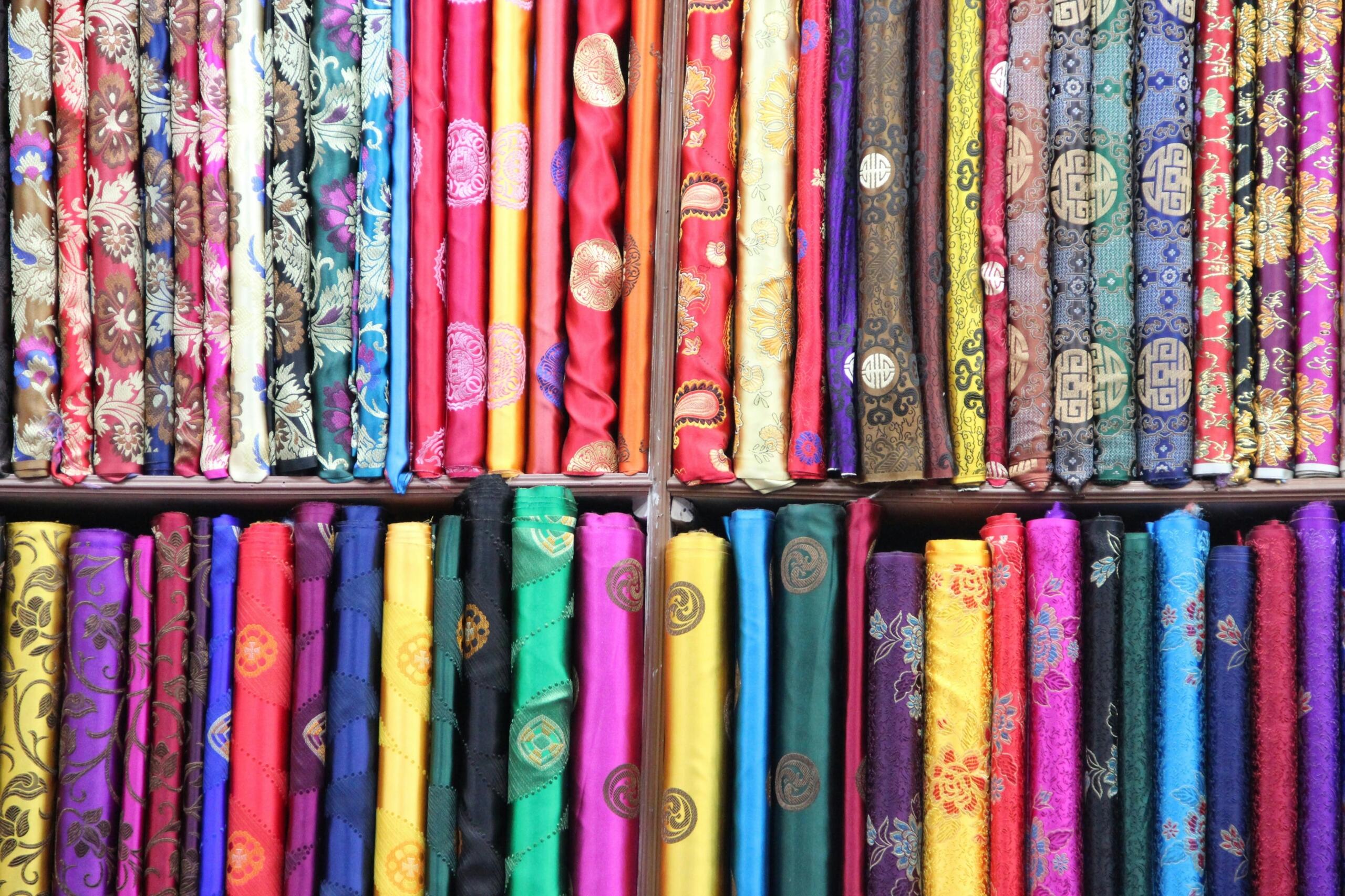  A hanging display of colourful summer fabric. 