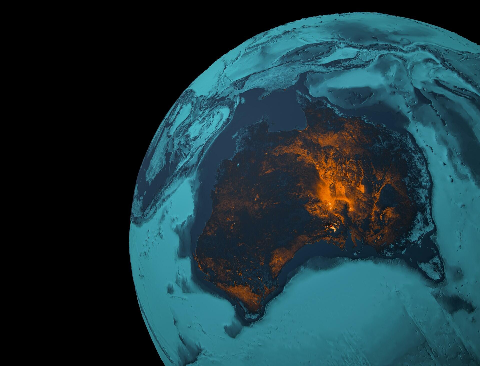 A digitally rendered view of Earth highlighting Australia in glowing orange.