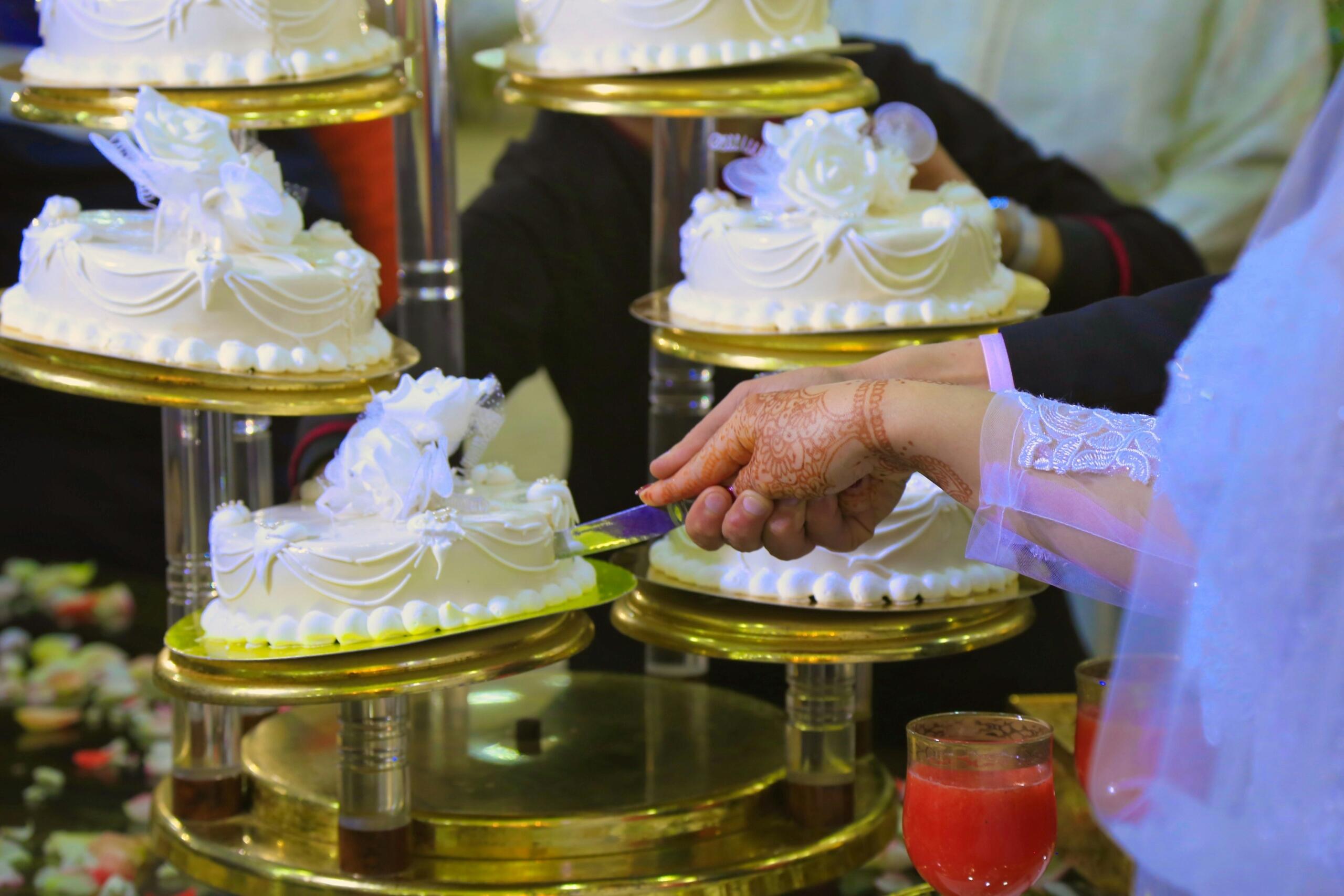 Wedding cakes on a display stand.