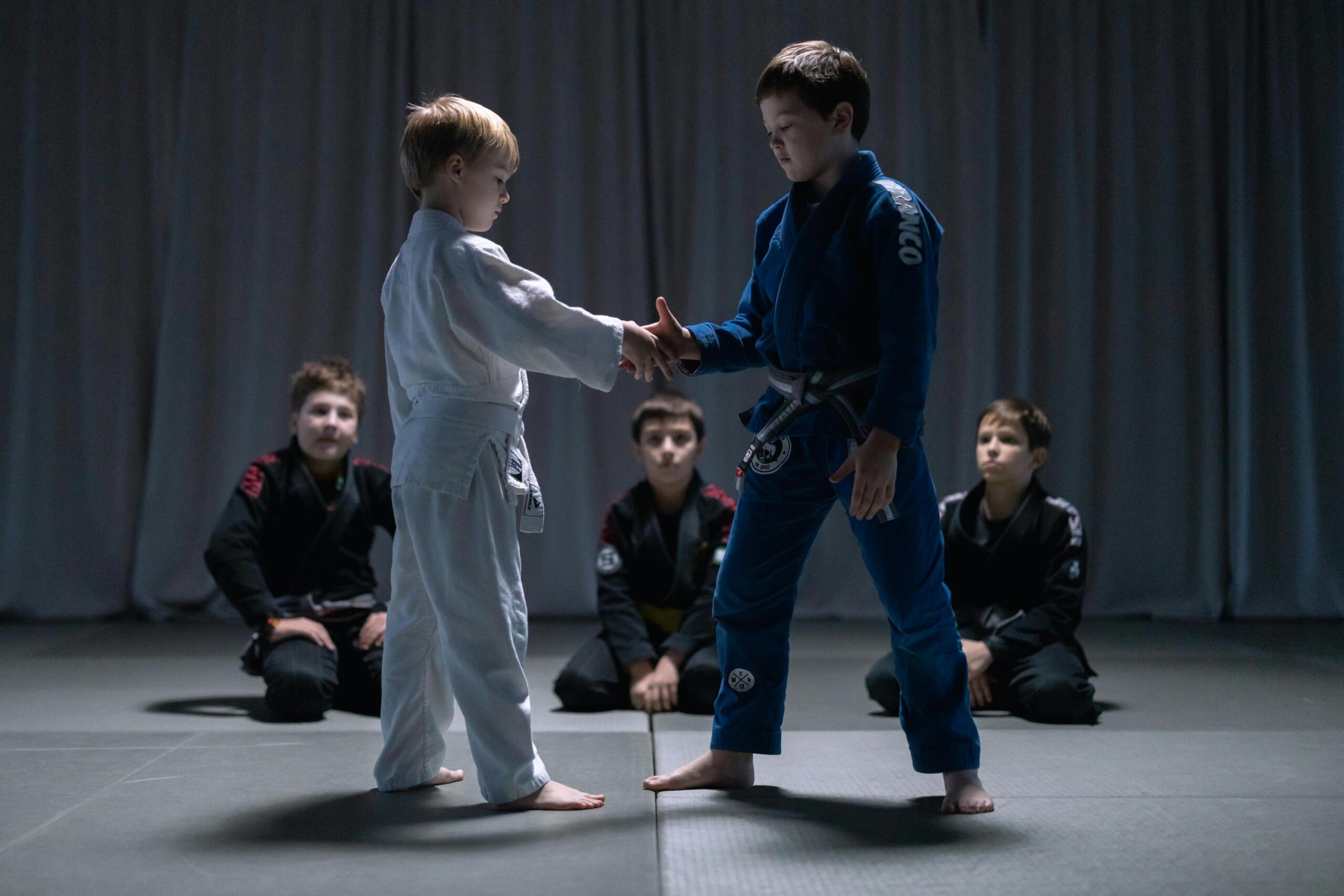 Two children prepare for a martial arts fight.