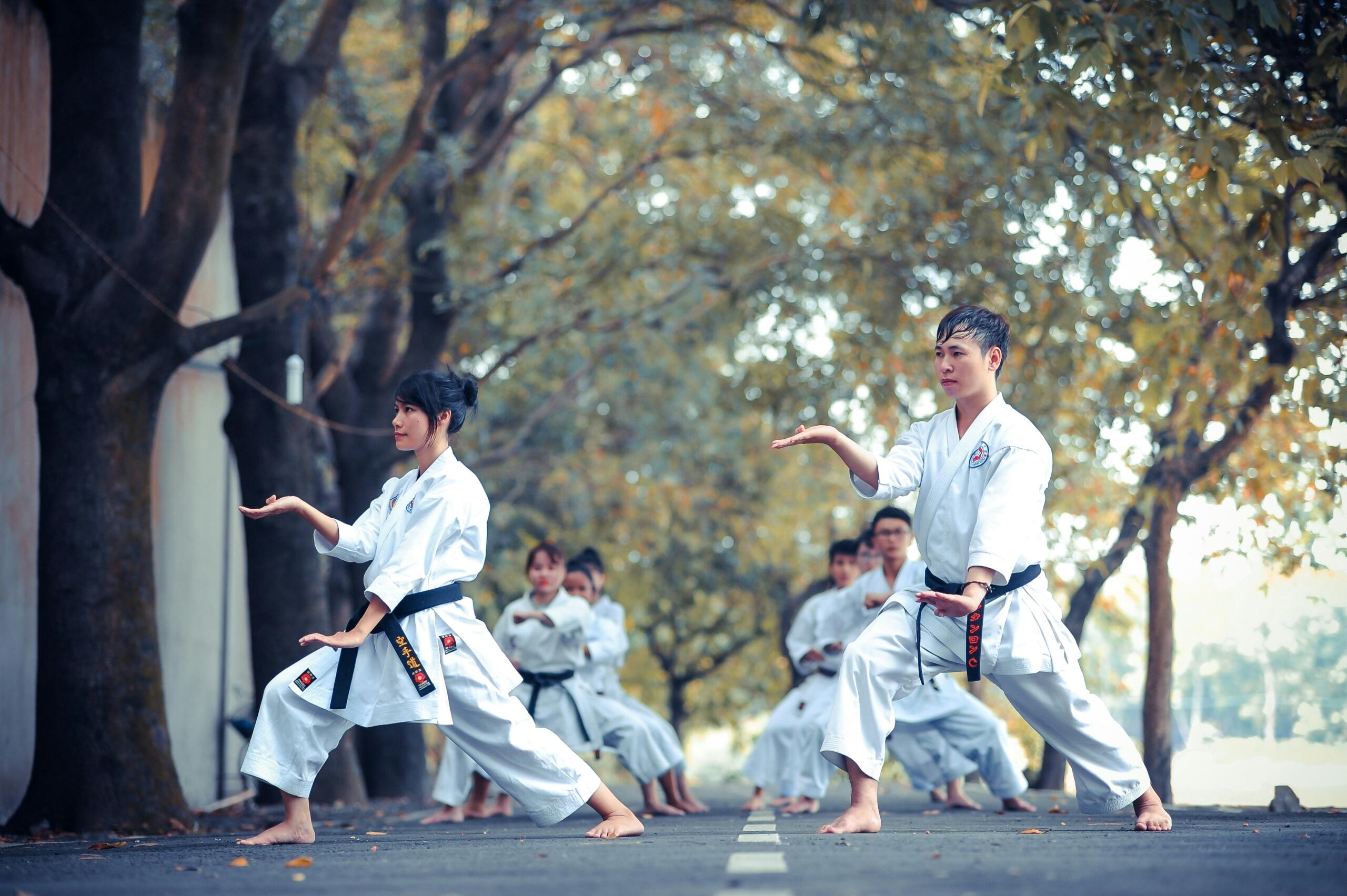 group of martial arts students all wearing uniforms, standing in two rows in a street