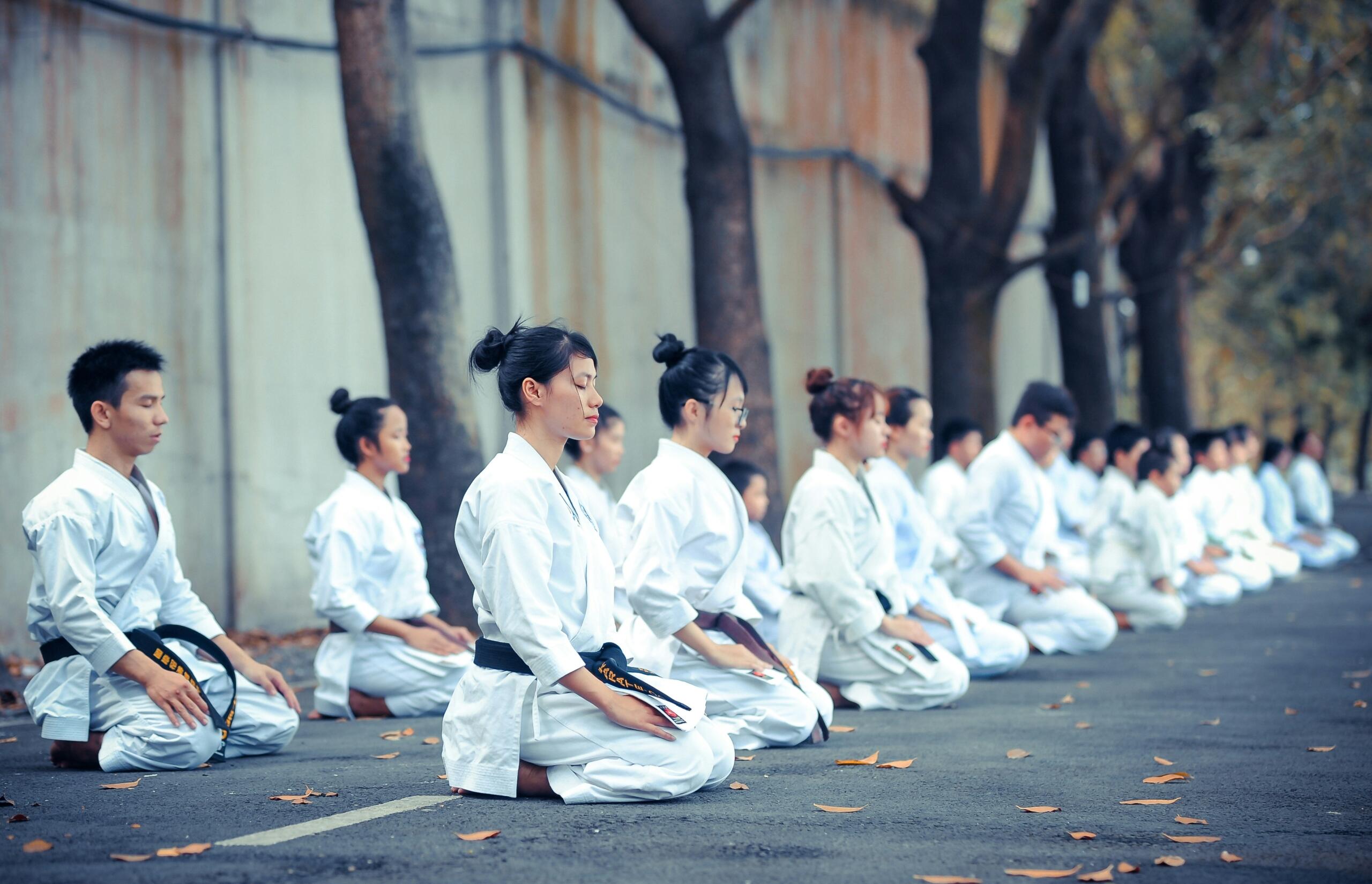 group of martial arts students all wearing uniforms, sitting in two rows in a street