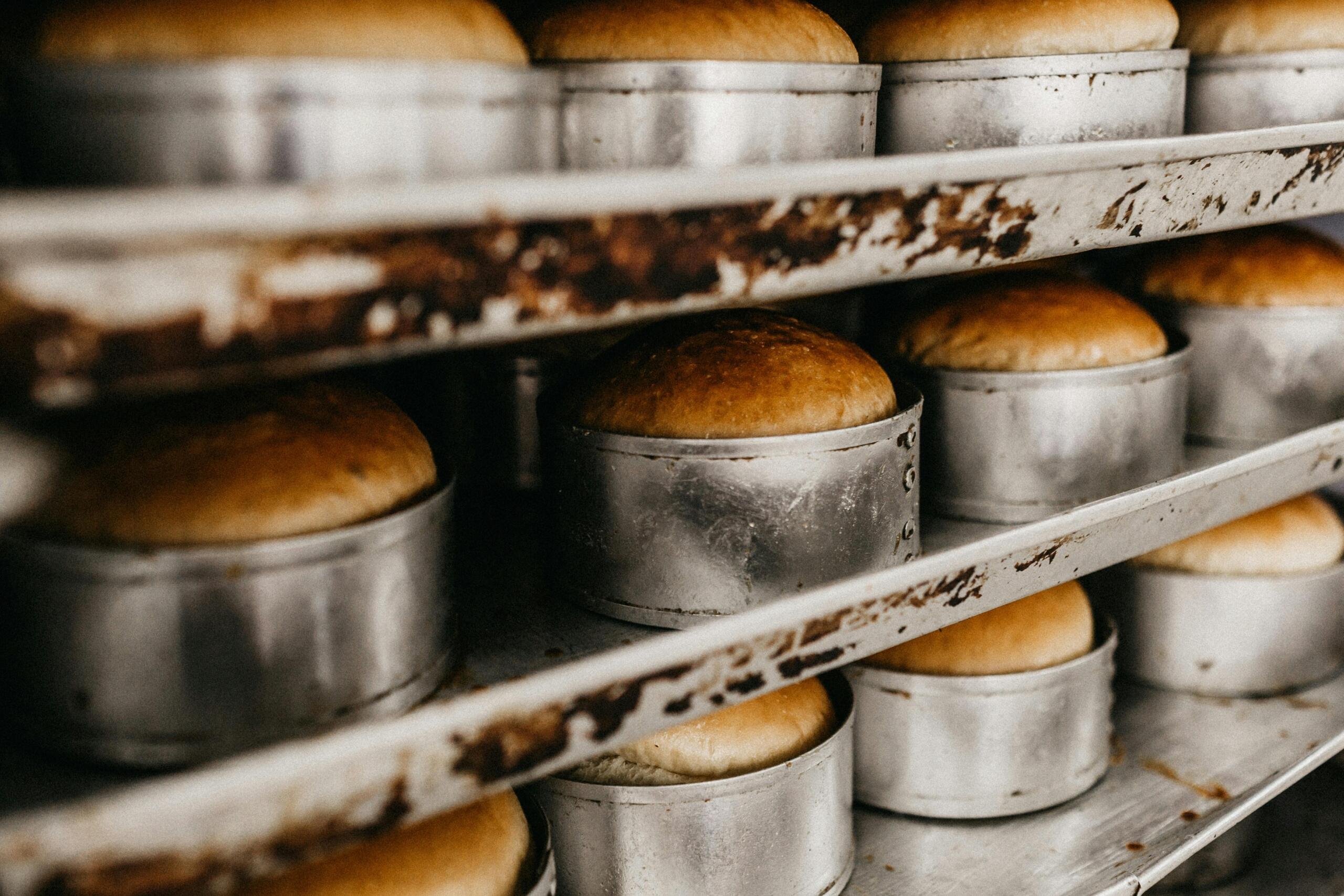 Loaves of bread cool on a shelf.