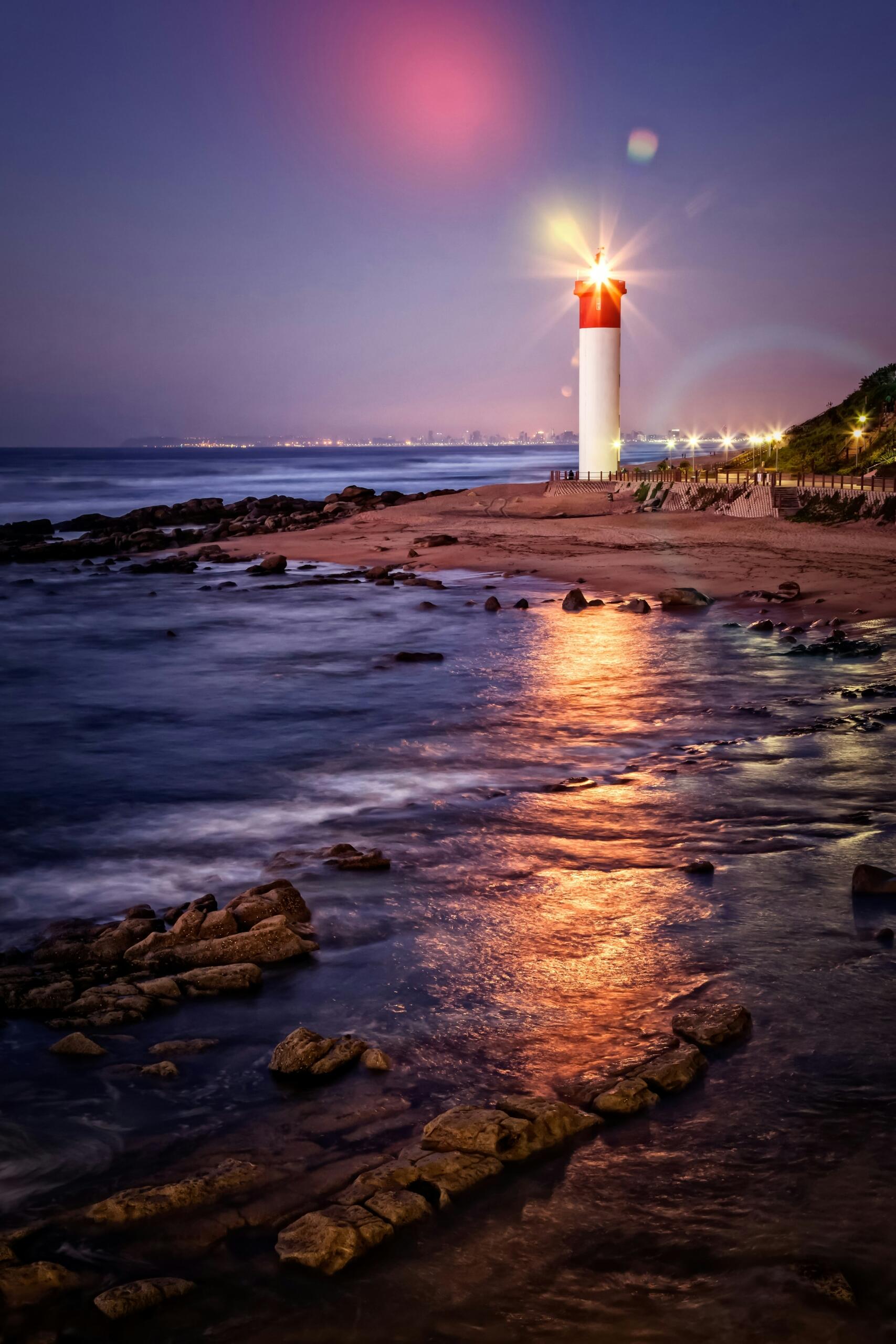 A night shot of the lighthouse at Umhlanga Rocks, Durban, South Africa.