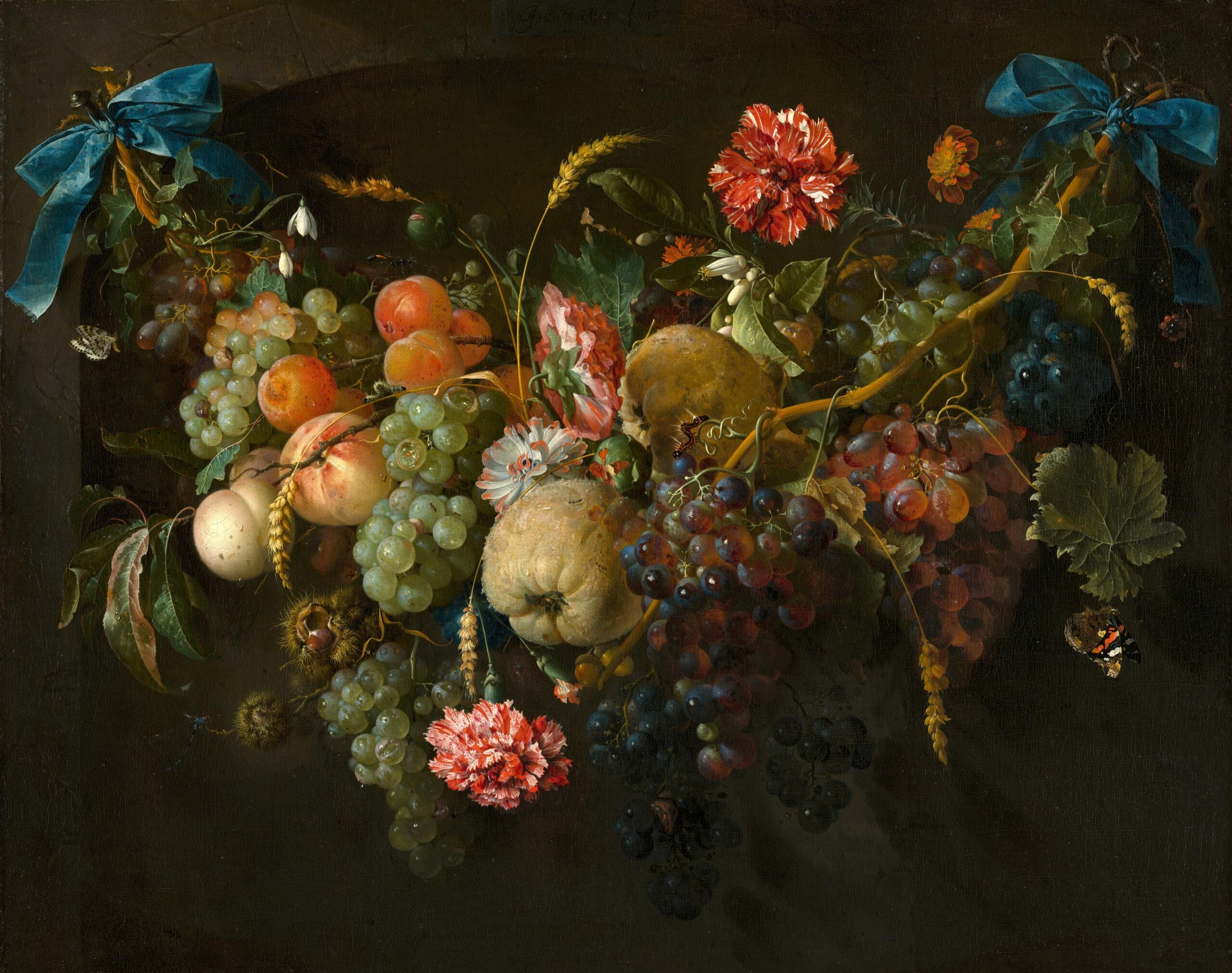 painting of flowers and fruit in sombre tones