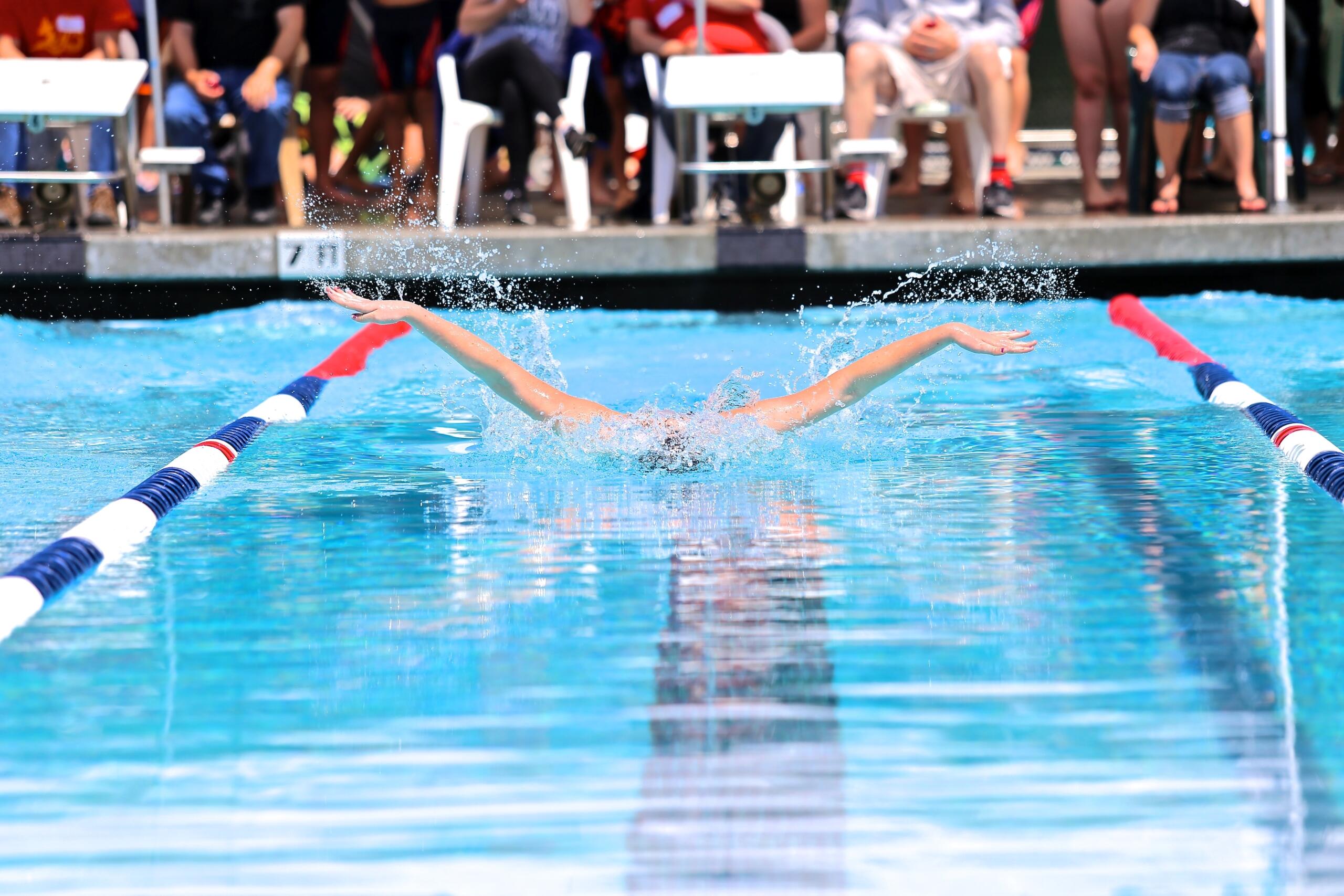 close-up of a swimmer in a swimming race in a swimming pool with lanes