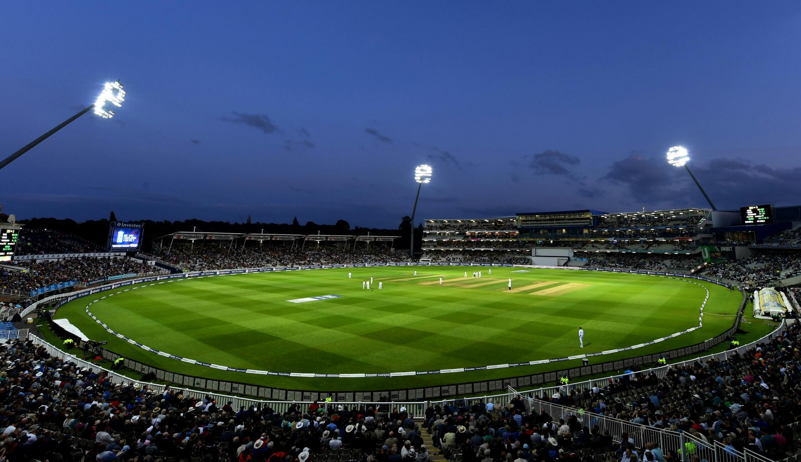 A night shot of a cricket stadium.