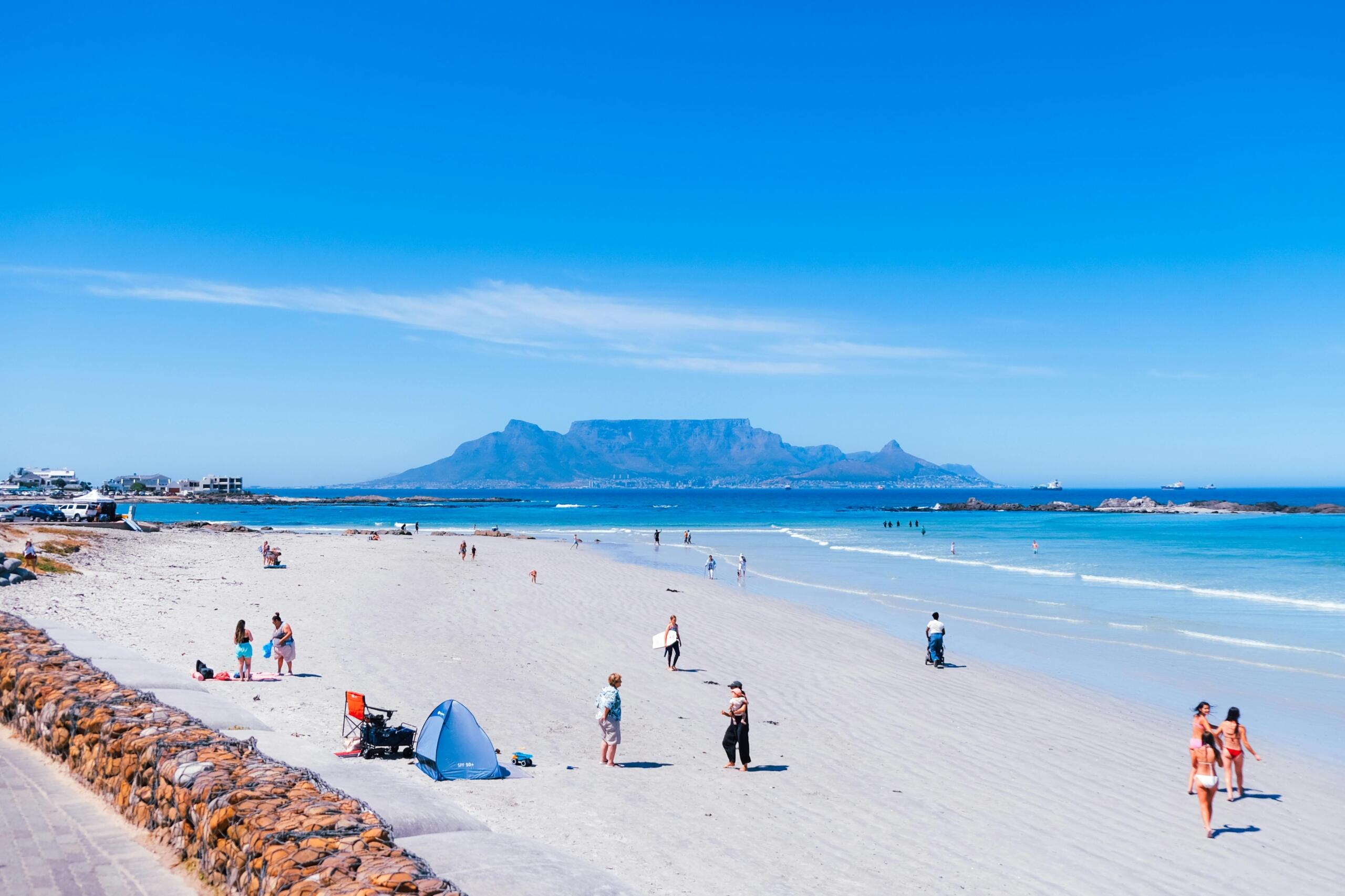 Table Mountain seen from the sand of Blouberg beach in Cape Town