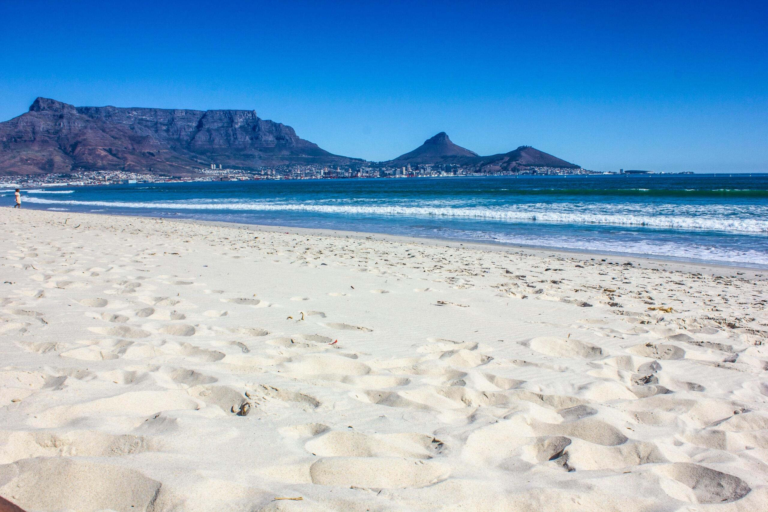 Table Mountain seen from the sand of Blouberg beach in Cape Town