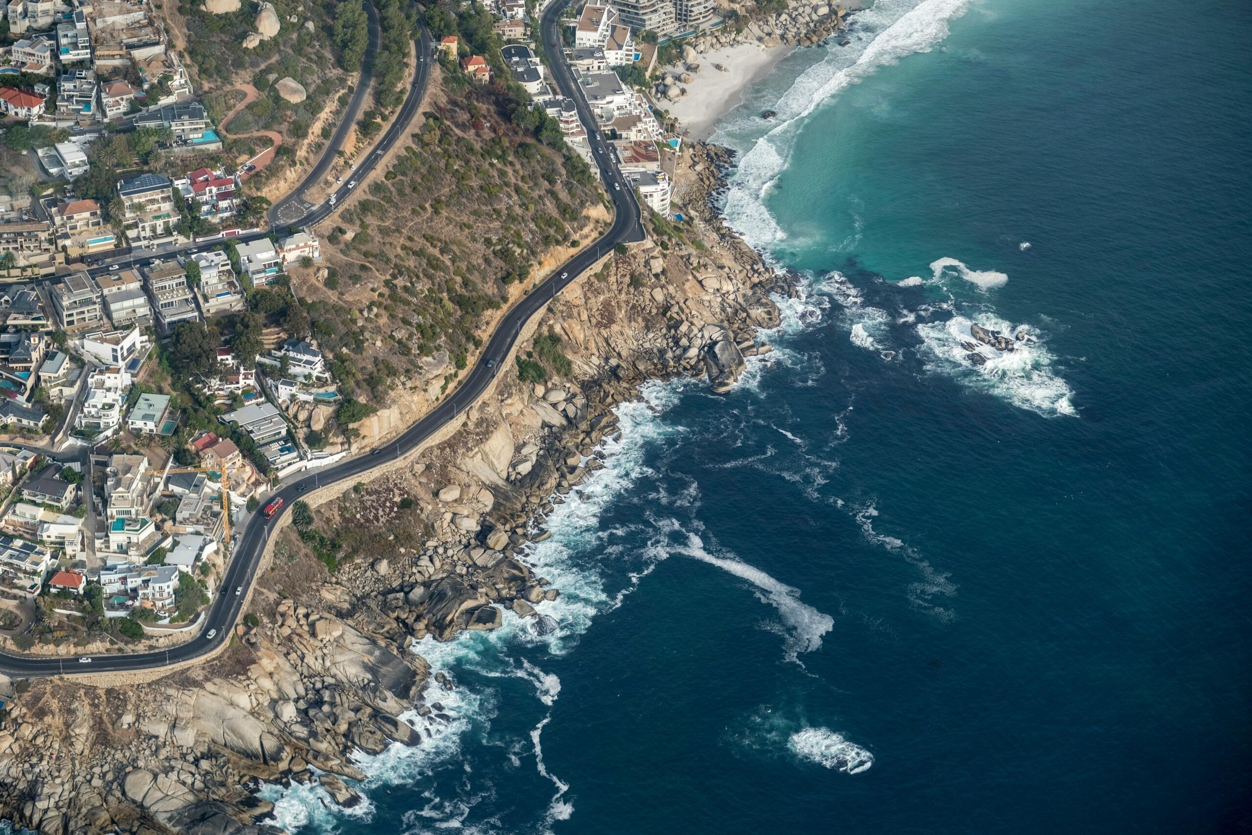 An image of an aerial view of the Cape Town coastline.