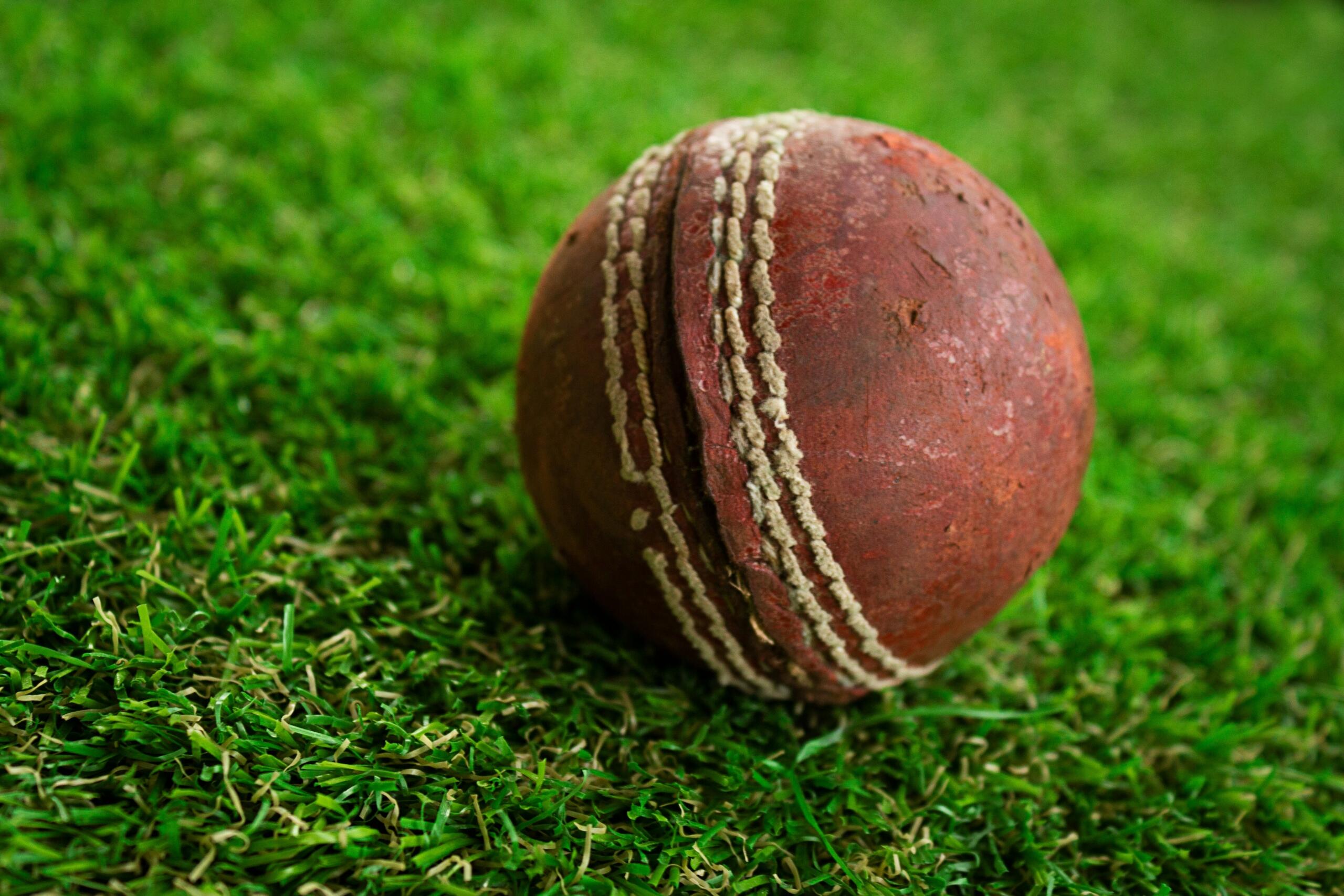An image of a leather cricket ball on grass. 