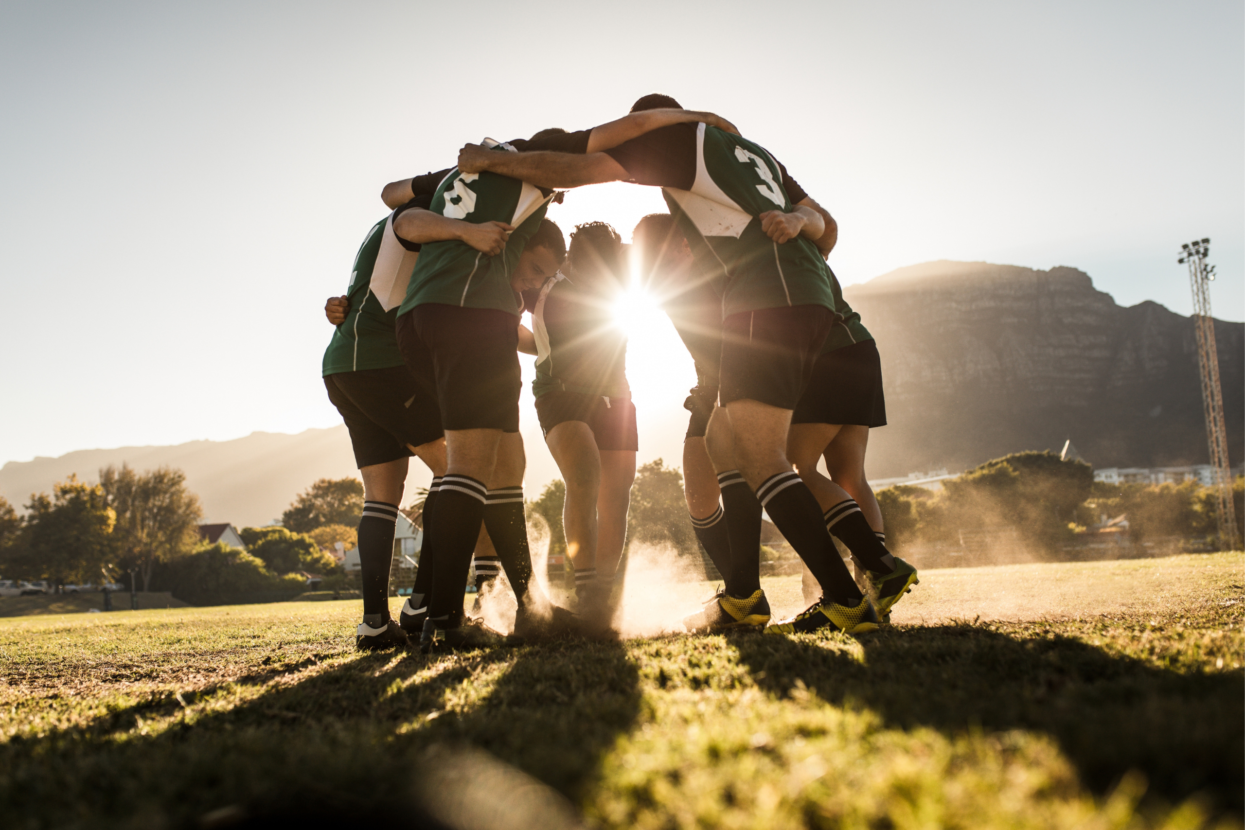 rugby players in a huddle on the middle of the rugby field