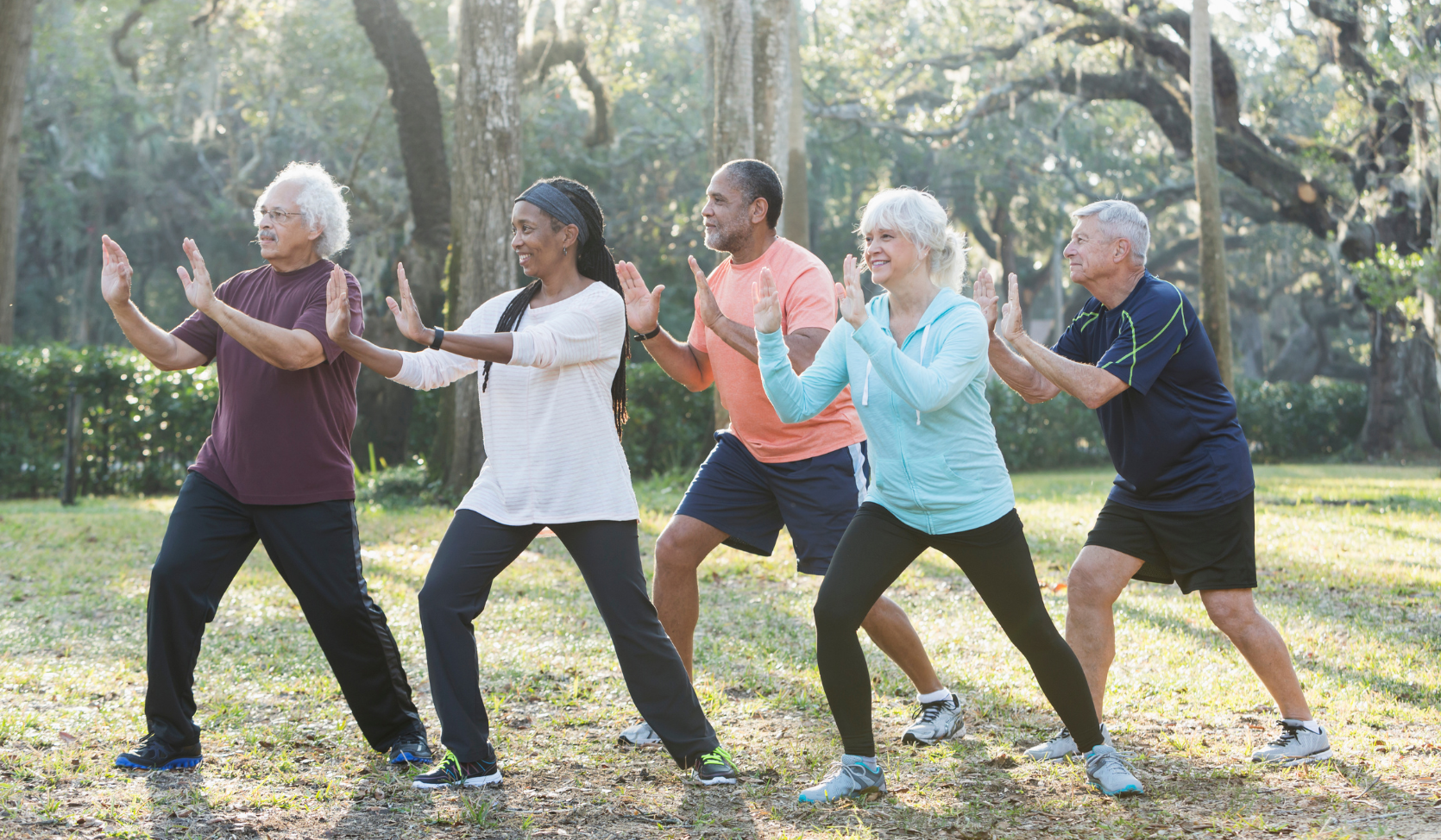 An image of a group Tai Chi class taking place outside.