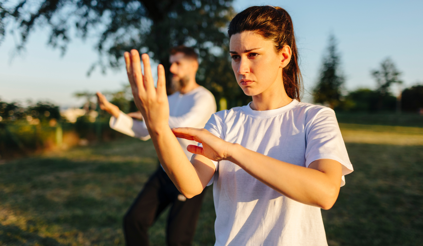 two people standing in a garden at dusk doing tai chi